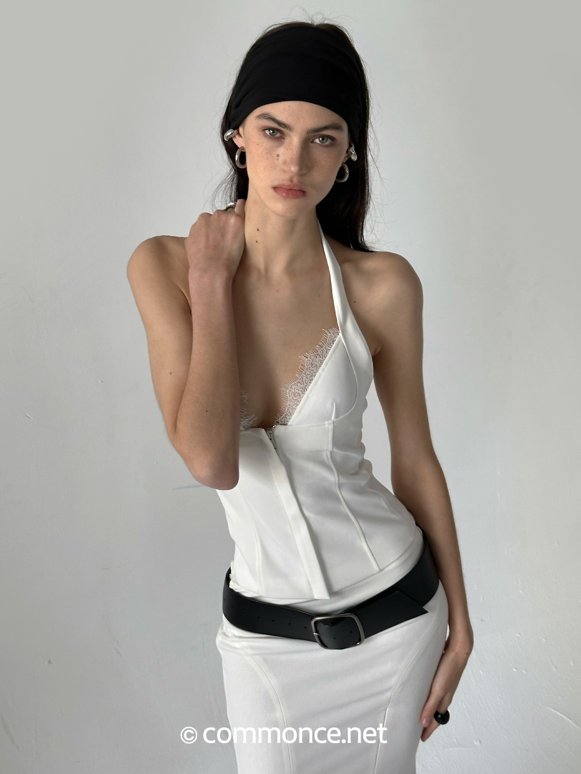 commonce_net_Cropped_Lace_Splice_Cinch_Waist_V-neck_Tie_Faux_Two_Piece_Women&