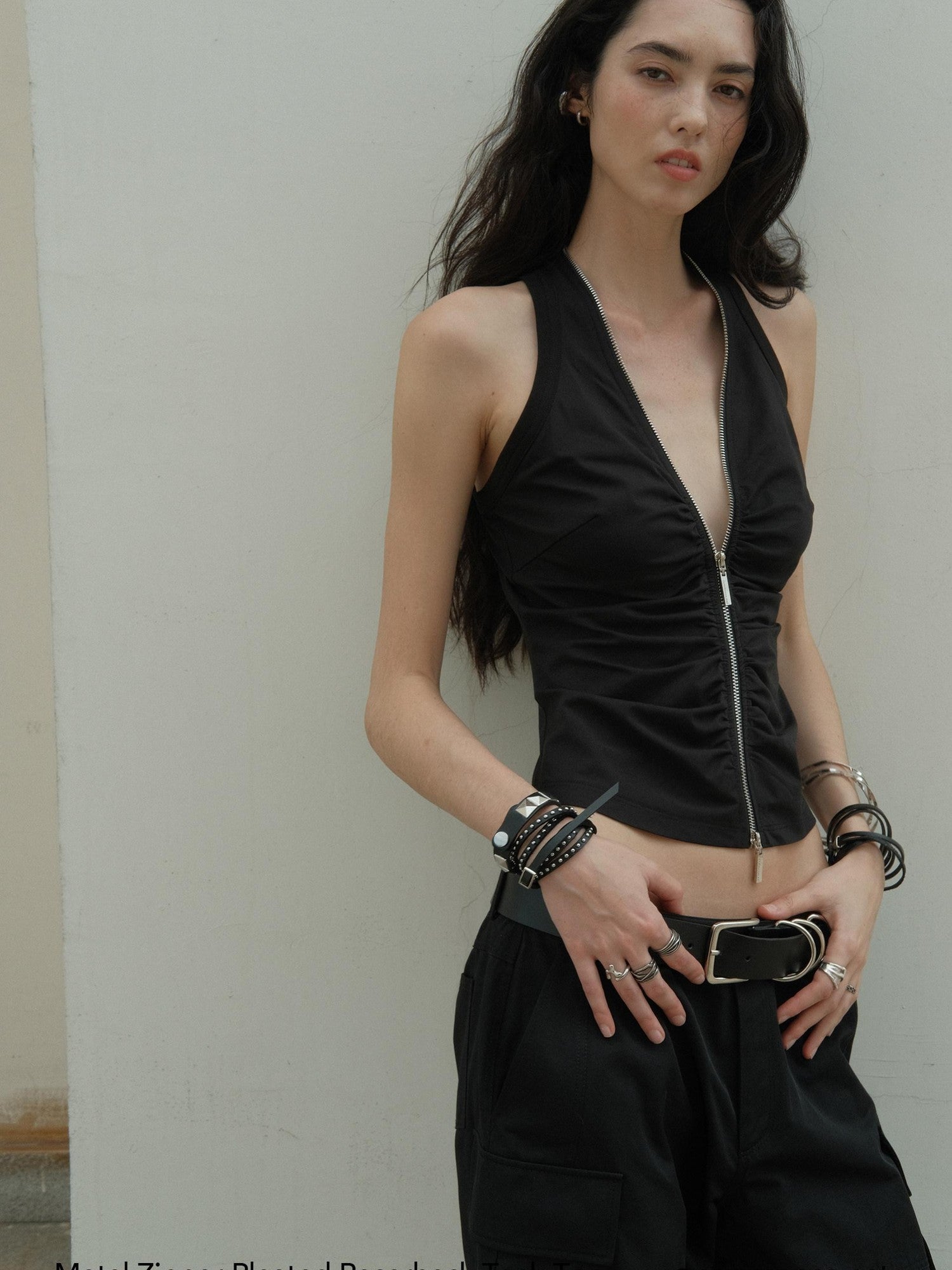 commonce net Cropped Pleated Double Metal Zipper Racerback Women&