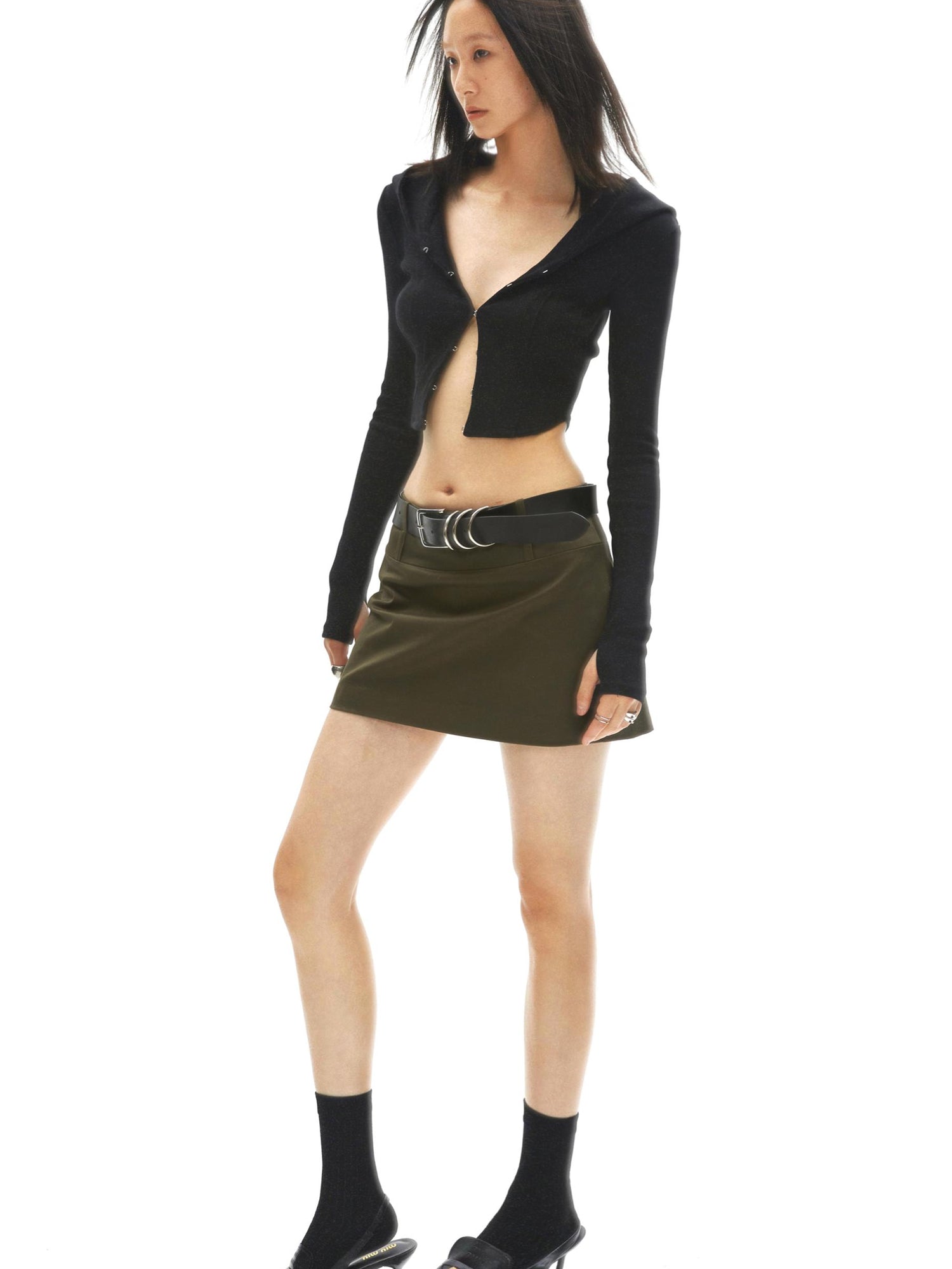 commonce net Curved Hem Hooded Knit Top