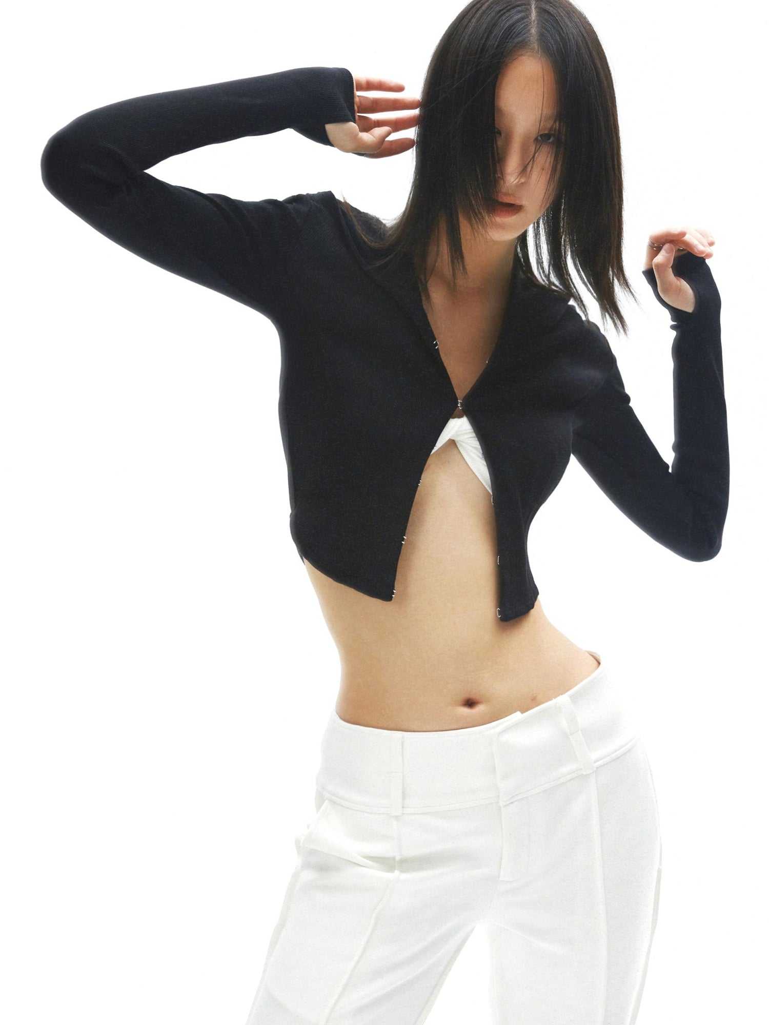 commonce net Curved Hem Hooded Knit Top