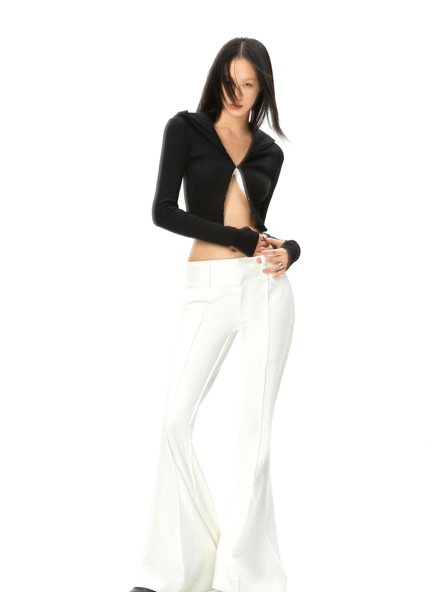 commonce net Curved Hem Hooded Knit Top