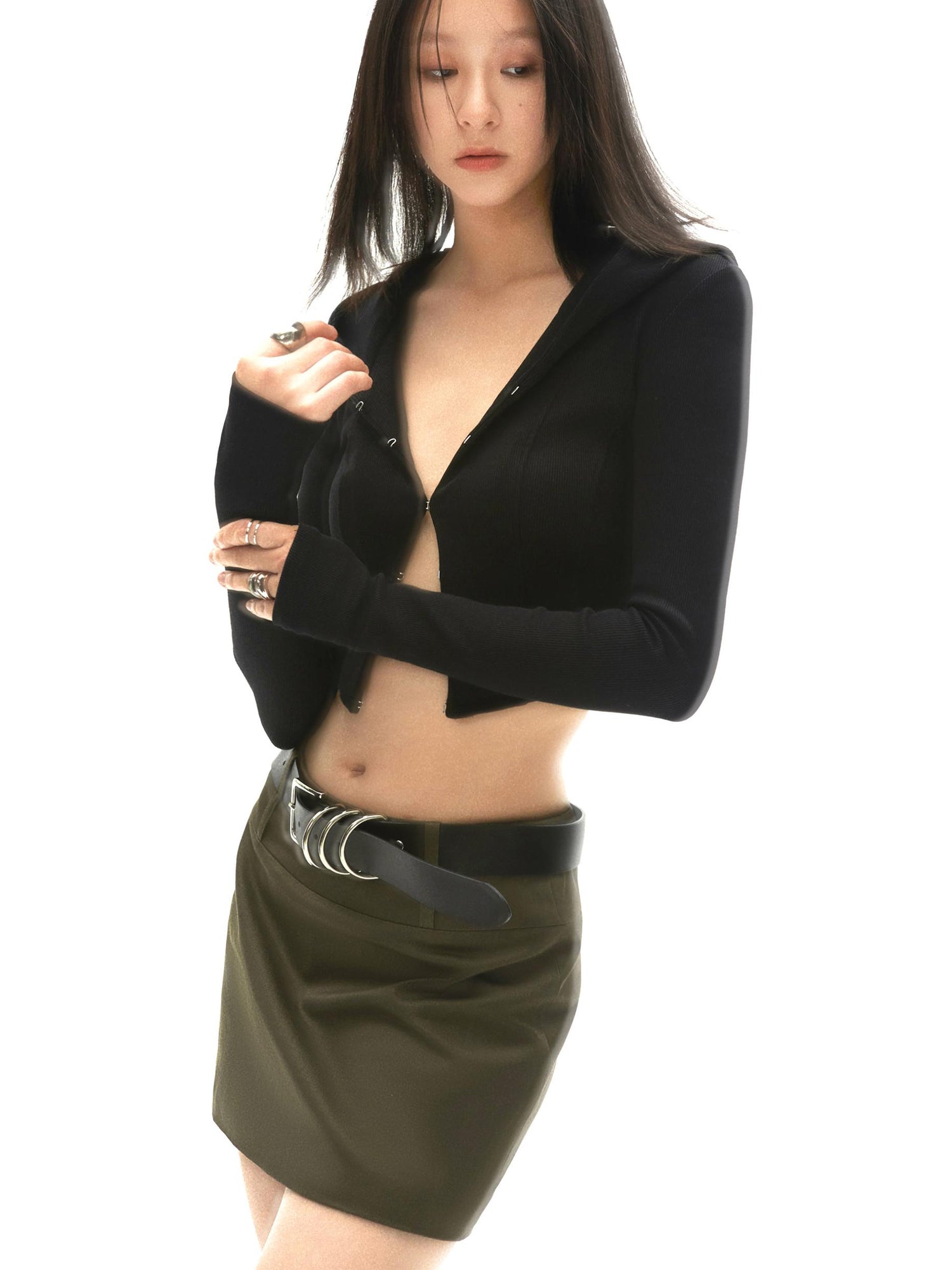 commonce net Curved Hem Hooded Knit Top