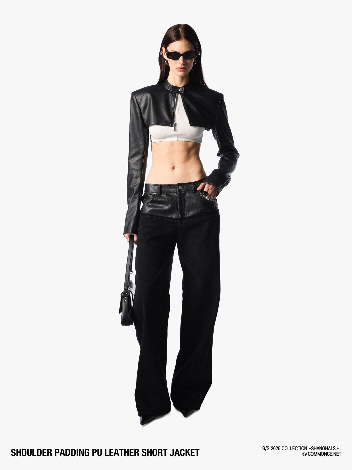 commonce net Dark Padded Shoulders Stand Collar Zipper Women&