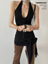 Deep U Neck Halter Top with Tie Up Hem