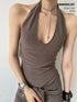 Deep U Neck Halter Top with Tie Up Hem