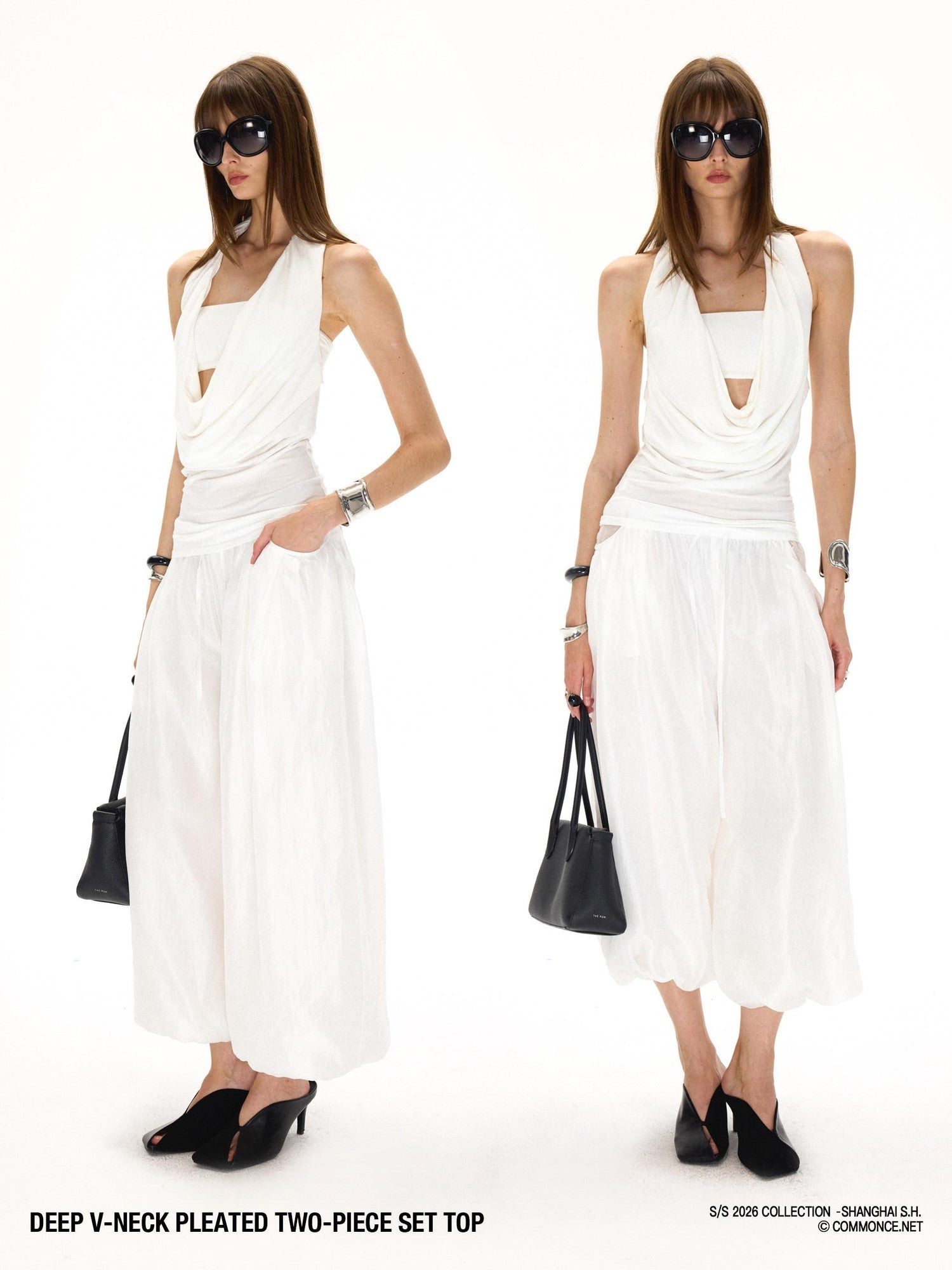 commonce net Deep V Ruched Backless Bandeau Two Piece Women&