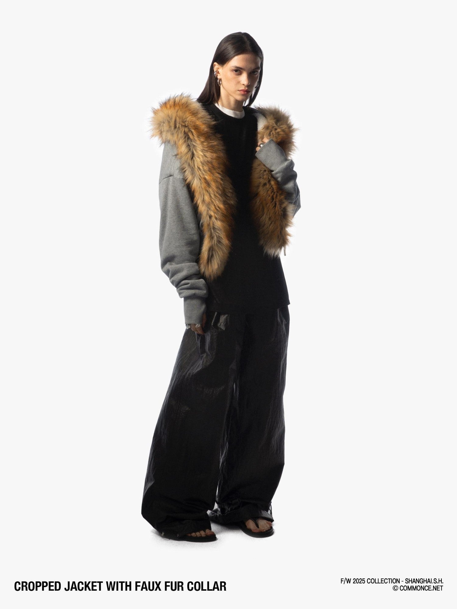 commonce net Detachable Fur Collar Fleece Lined Short Women&