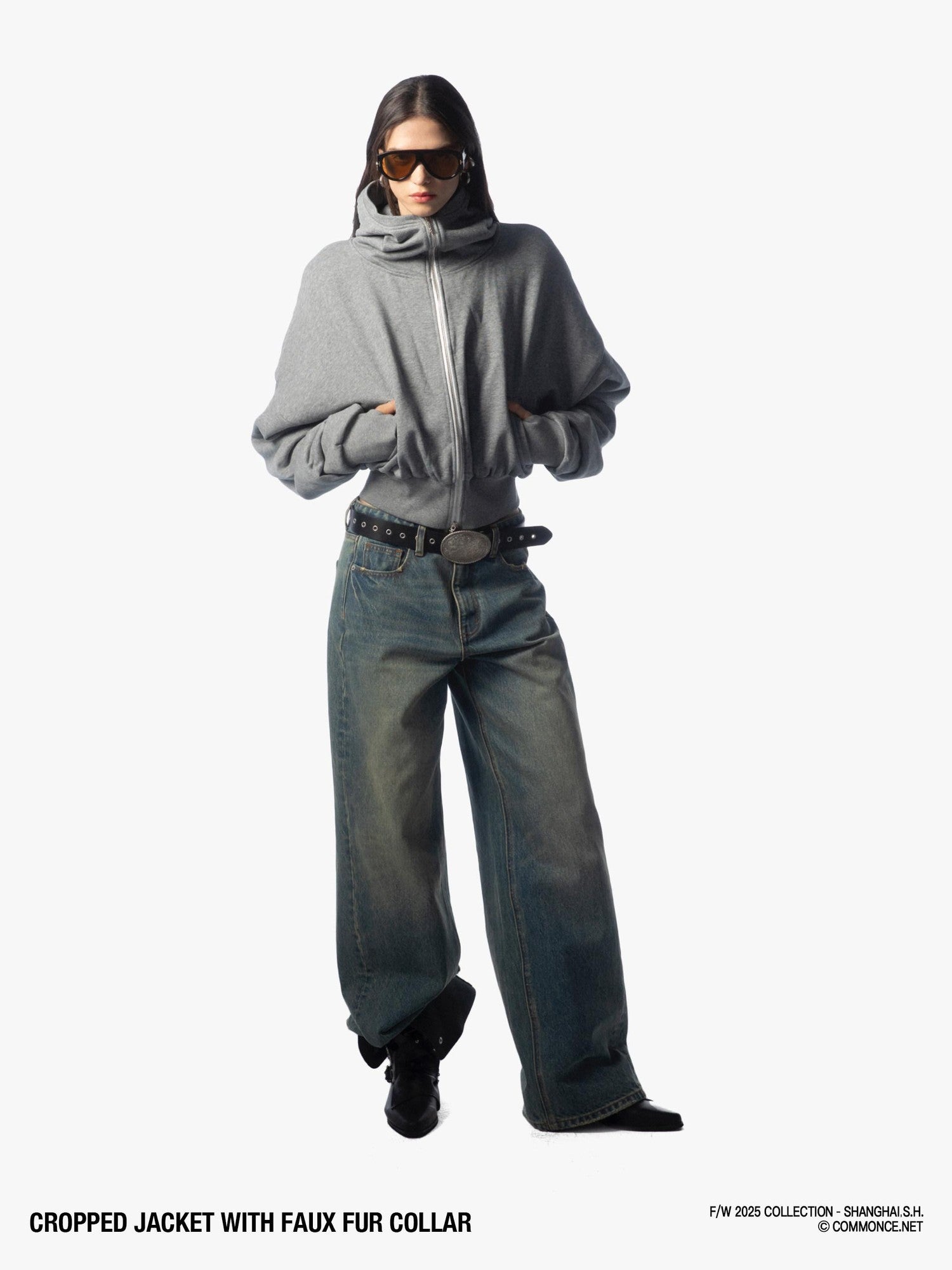commonce net Detachable Fur Collar Fleece Lined Short Women&