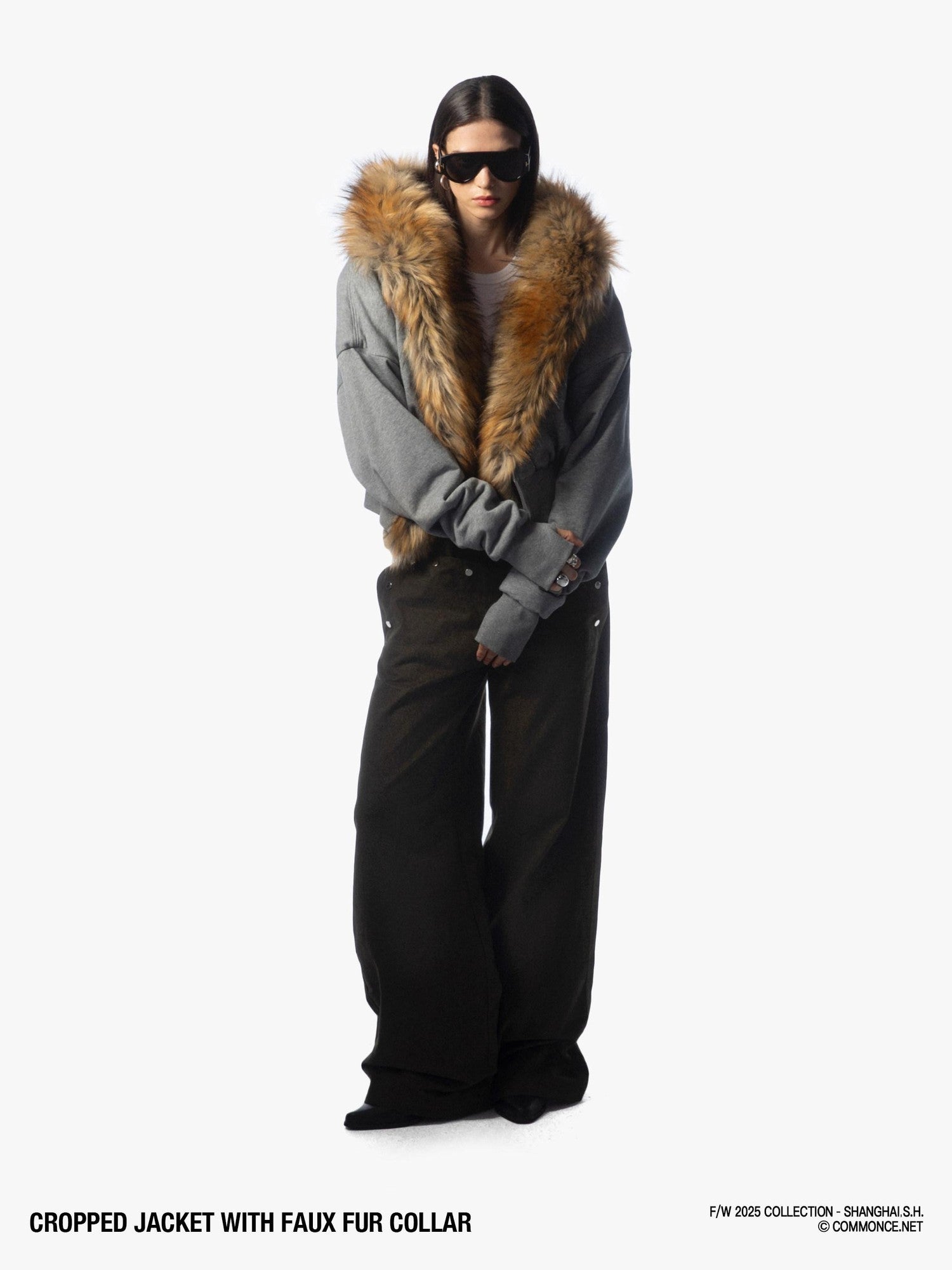 commonce net Detachable Fur Collar Fleece Lined Short Women&