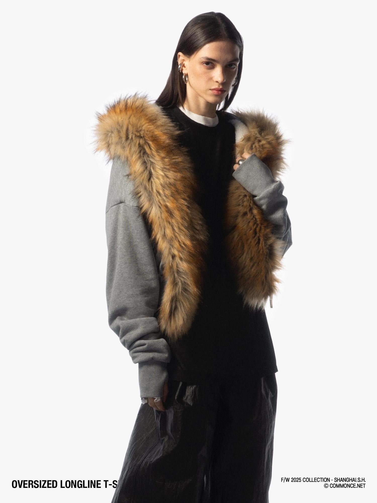 commonce net Detachable Fur Collar Fleece Lined Short Women&