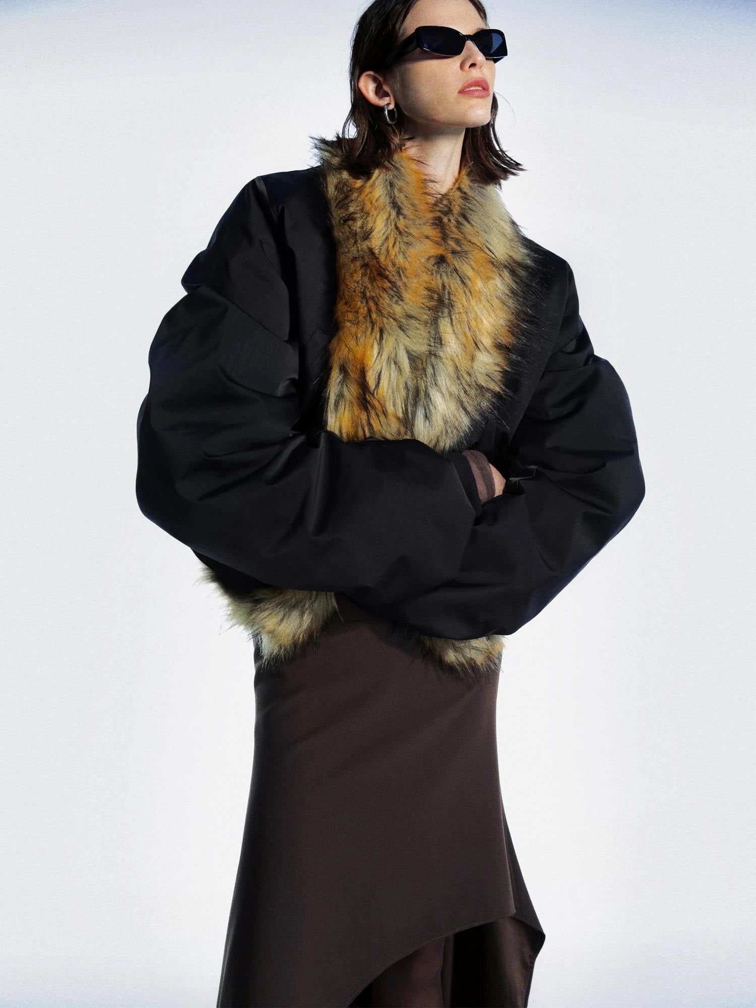 Detachable Fur Collar Pleated Quilted Bomber Jacket