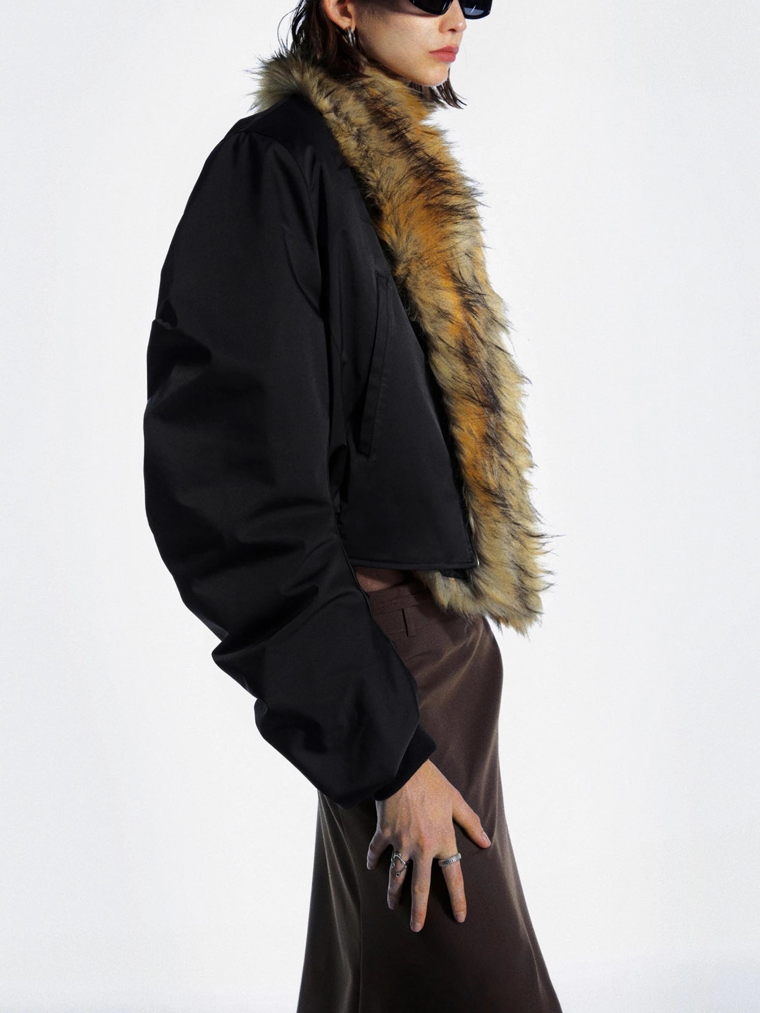 Detachable Fur Collar Pleated Quilted Bomber Jacket