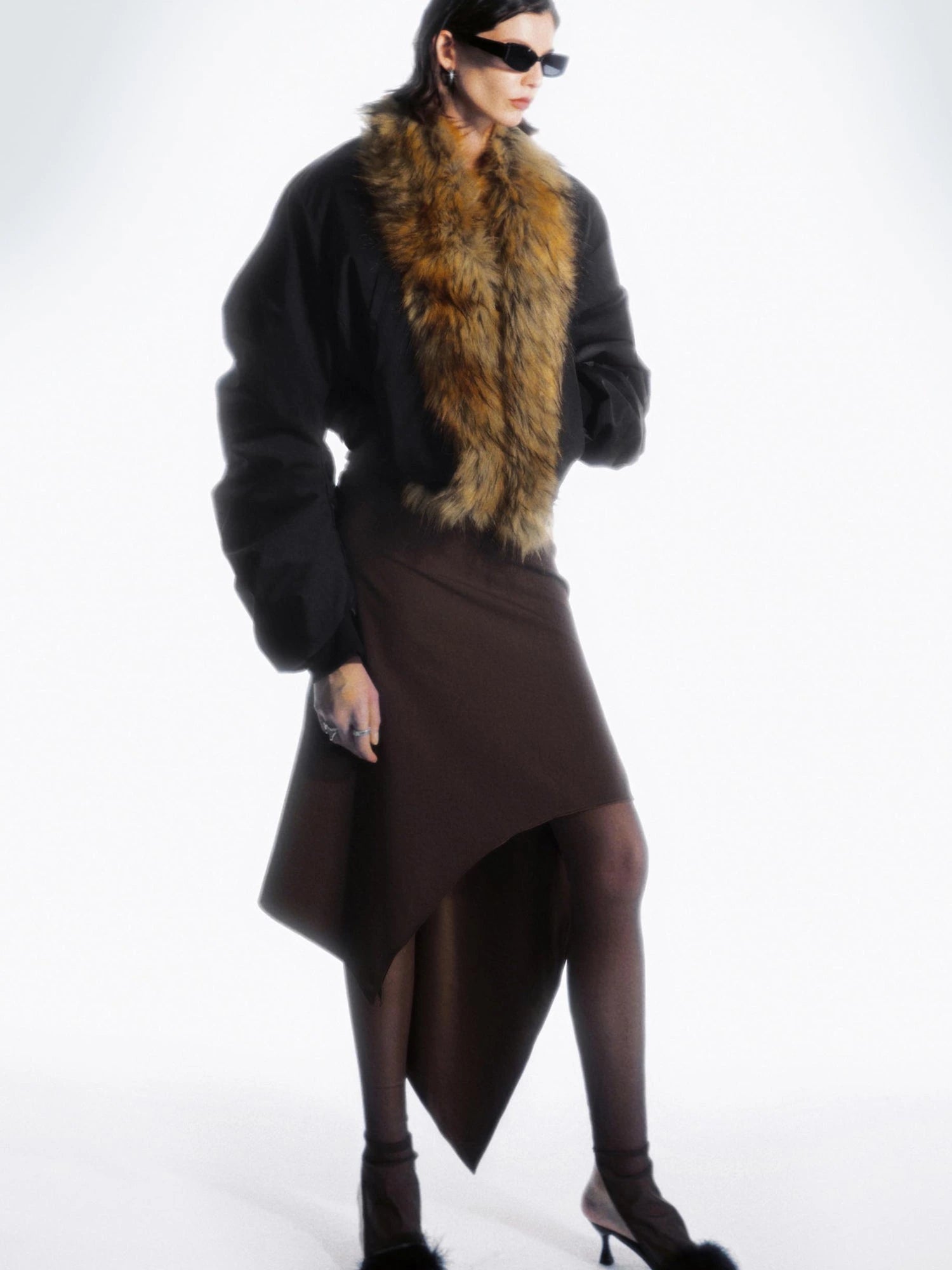 Detachable Fur Collar Pleated Quilted Bomber Jacket