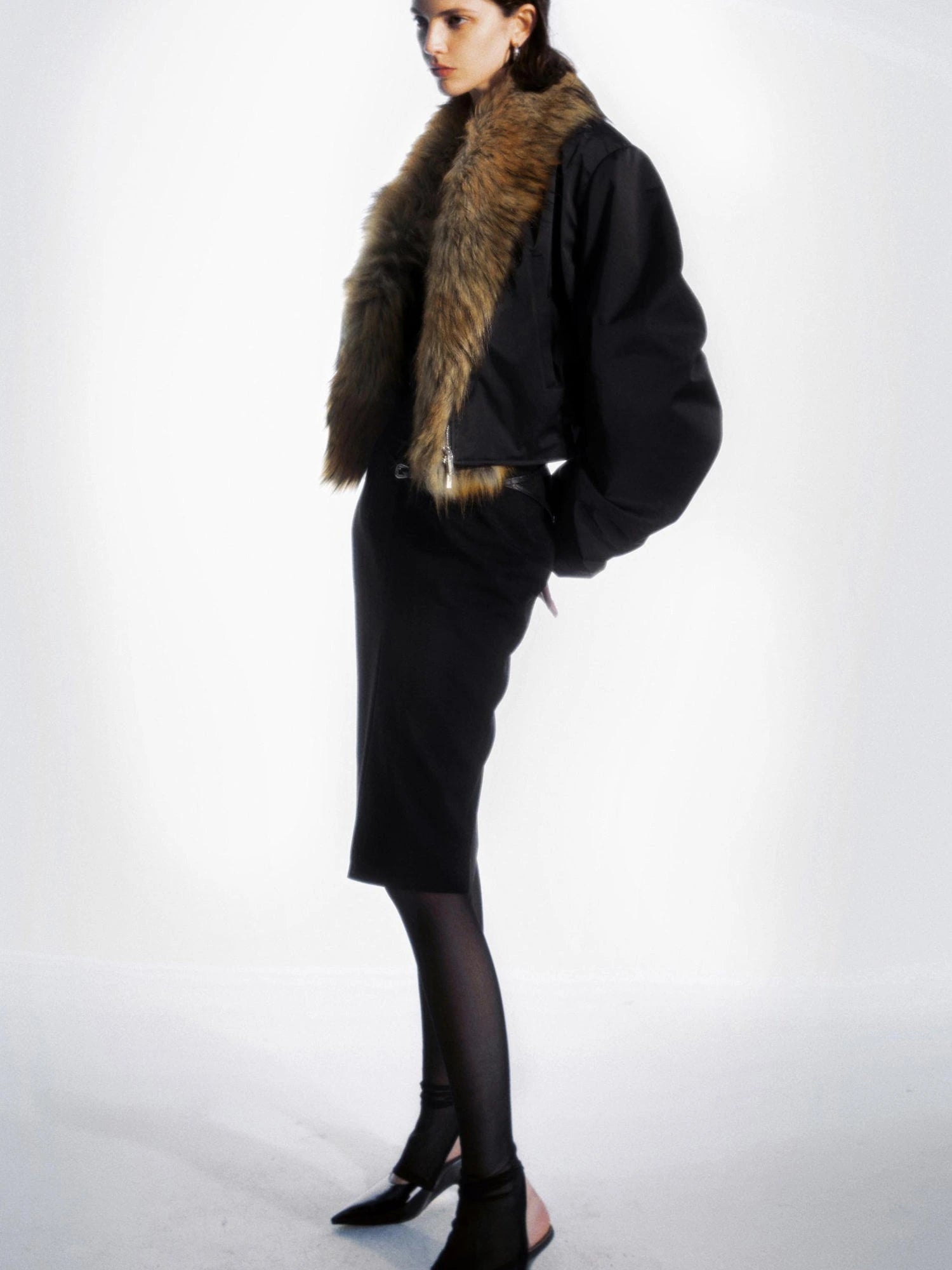 Detachable Fur Collar Pleated Quilted Bomber Jacket