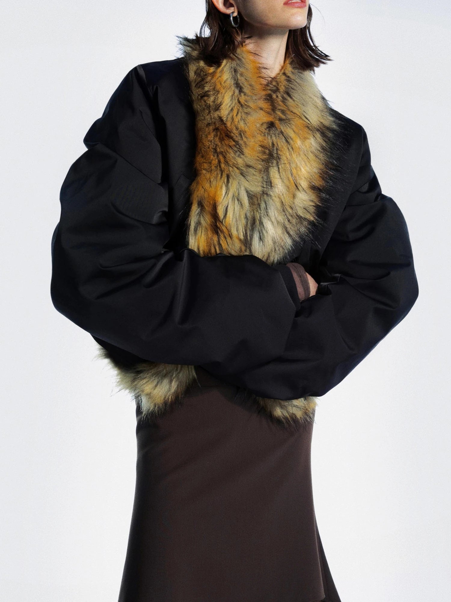 Detachable Fur Collar Pleated Quilted Bomber Jacket