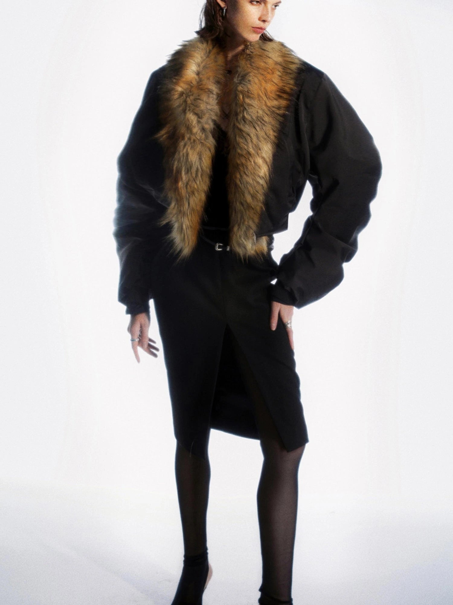 Detachable Fur Collar Pleated Quilted Bomber Jacket