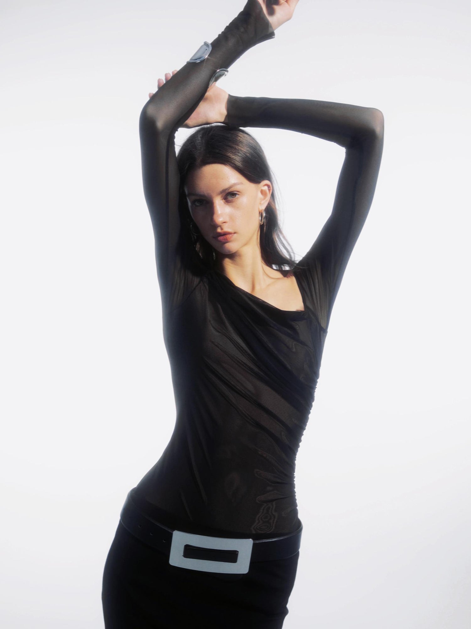 commonce net Draped Asymmetrical Mesh Panel Bodysuit