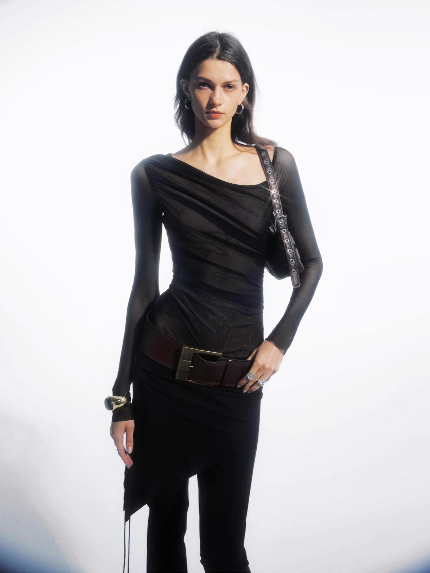 commonce net Draped Asymmetrical Mesh Panel Bodysuit