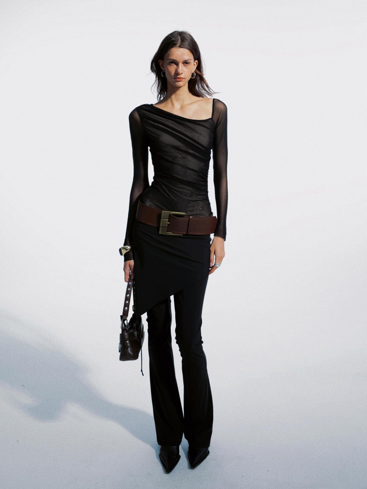 commonce net Draped Asymmetrical Mesh Panel Bodysuit