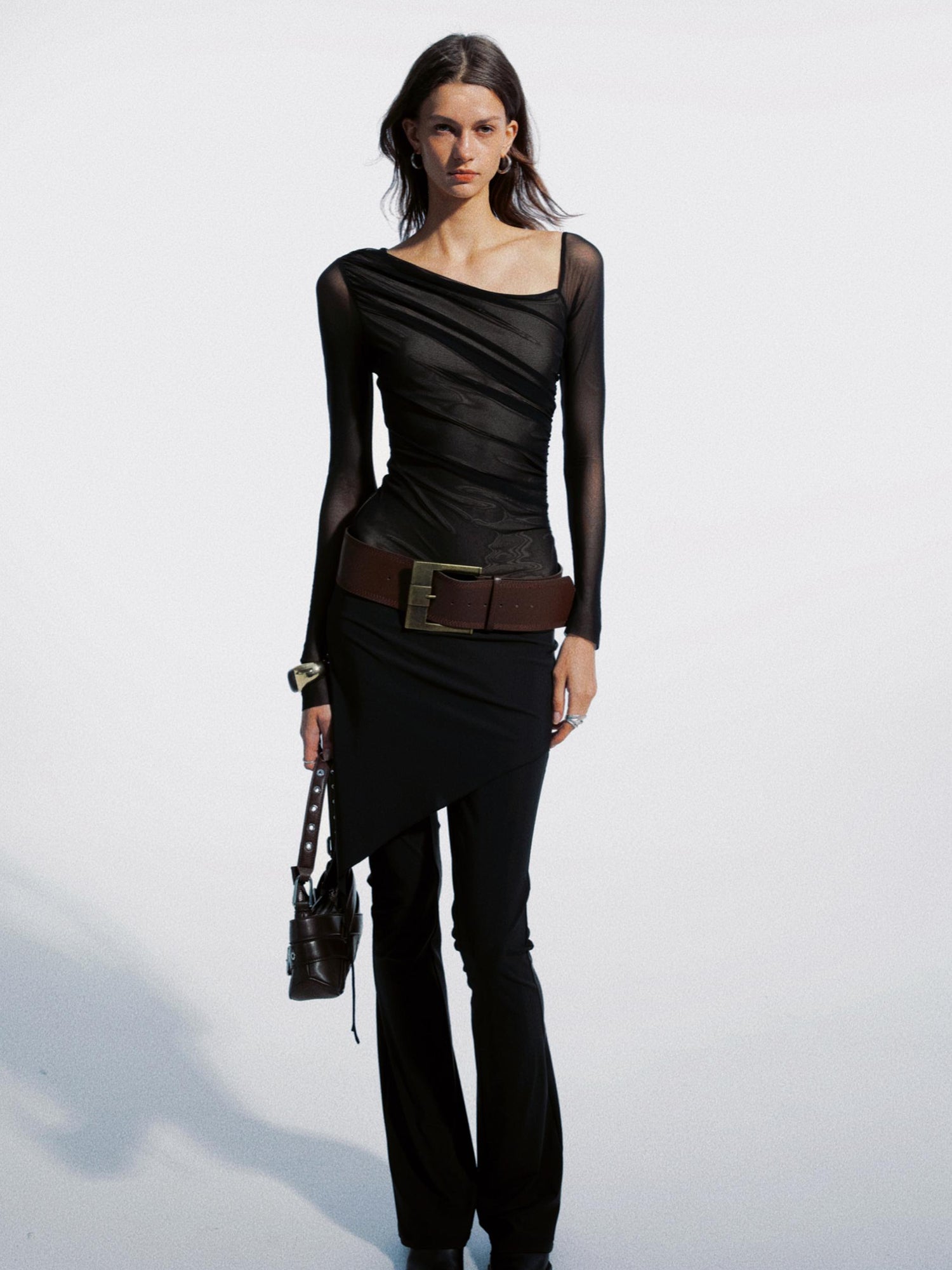 commonce net Draped Asymmetrical Mesh Panel Bodysuit