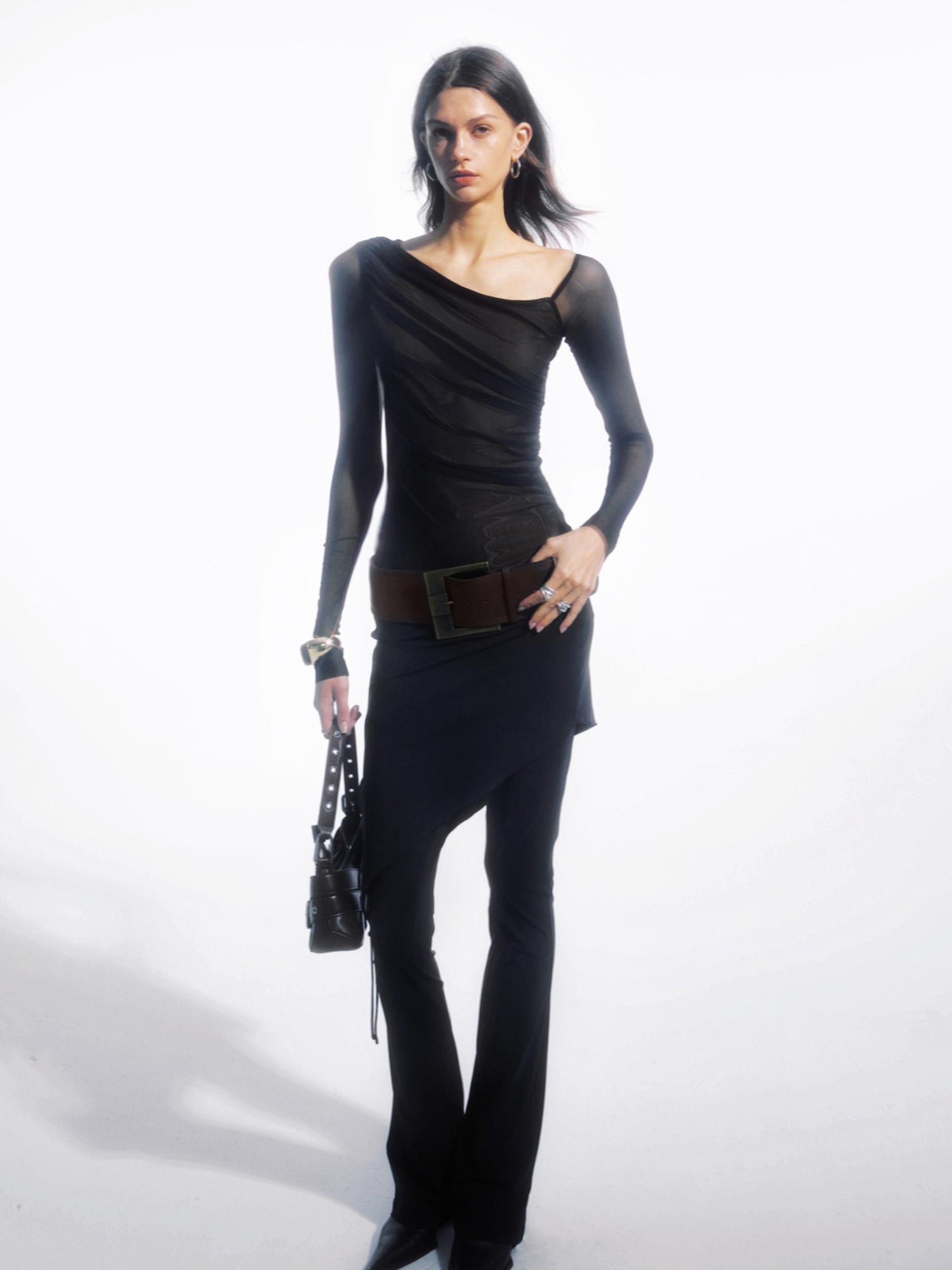 commonce net Draped Asymmetrical Mesh Panel Bodysuit