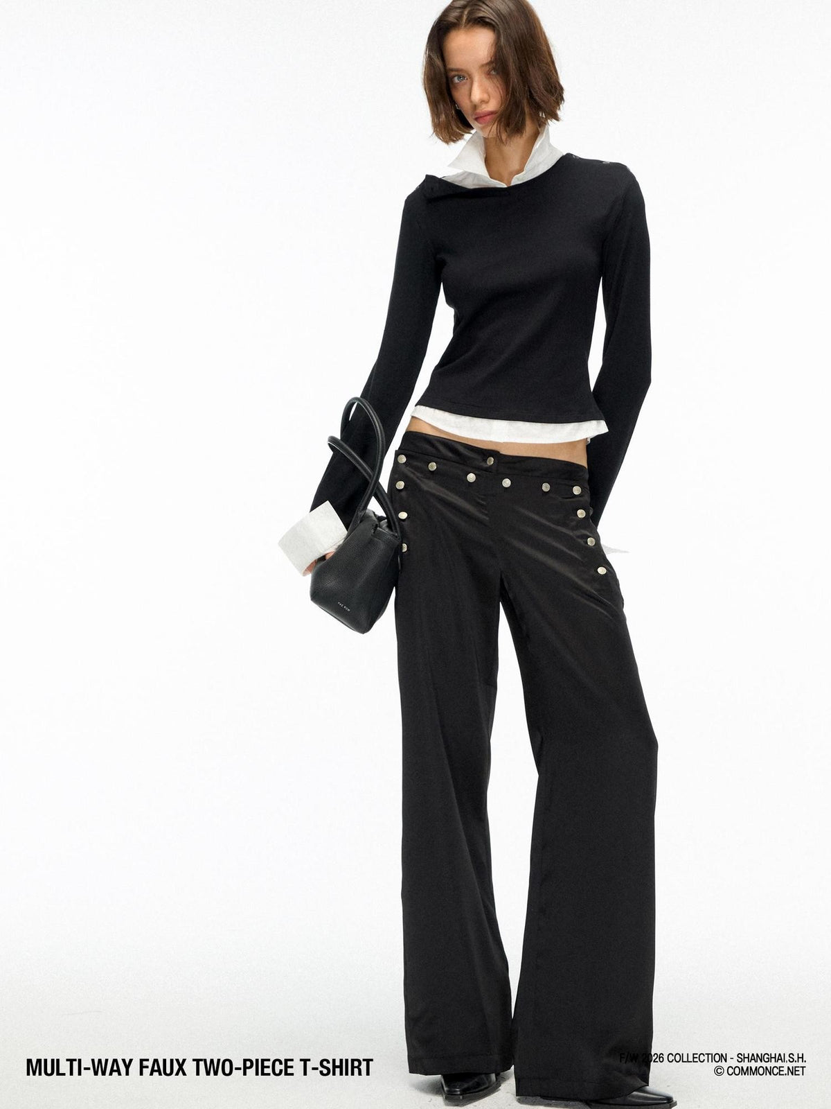 commonce net Faux Two Piece Shirt Layered Slim Fit Cotton Women&