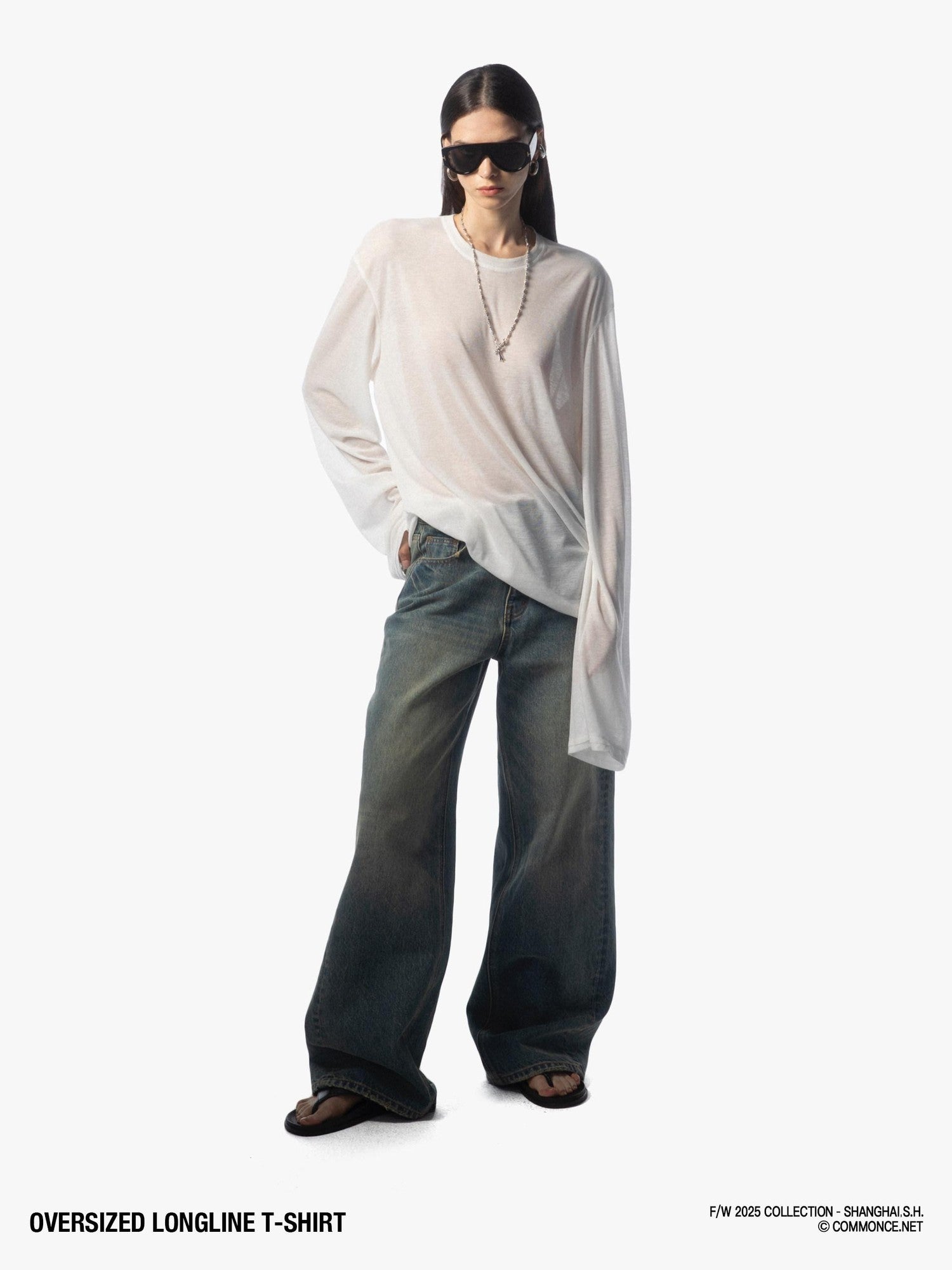 commonce net Frayed Hem Semi Sheer Oversized Women&