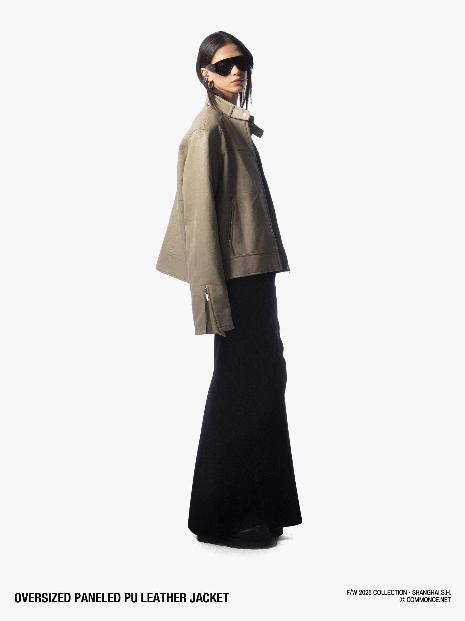 commonce net Khaki Gray Patchwork Panel Zippered Relaxed Fit Lapel Women&