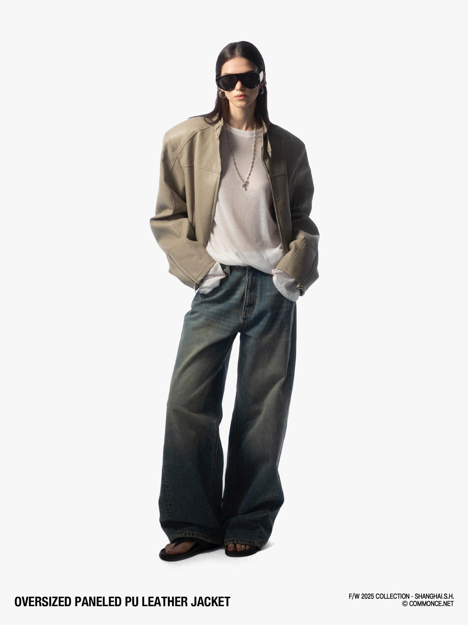 commonce net Khaki Gray Patchwork Panel Zippered Relaxed Fit Lapel Women&