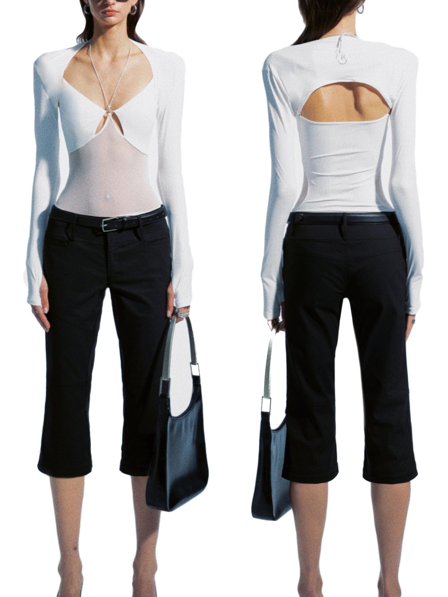 Metal Ring Cutout Halter Bodysuit With Fingerless Sleeves