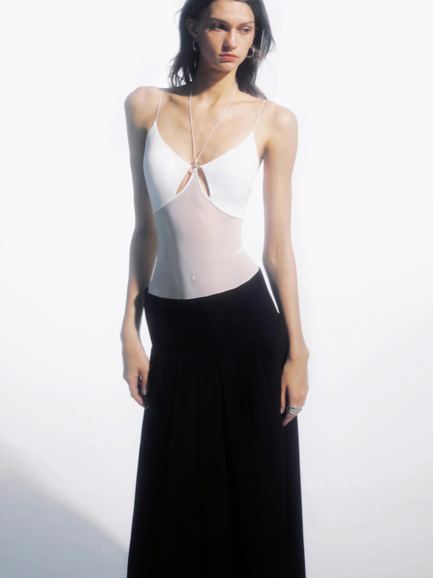 Metal Ring Cutout Halter Bodysuit With Fingerless Sleeves