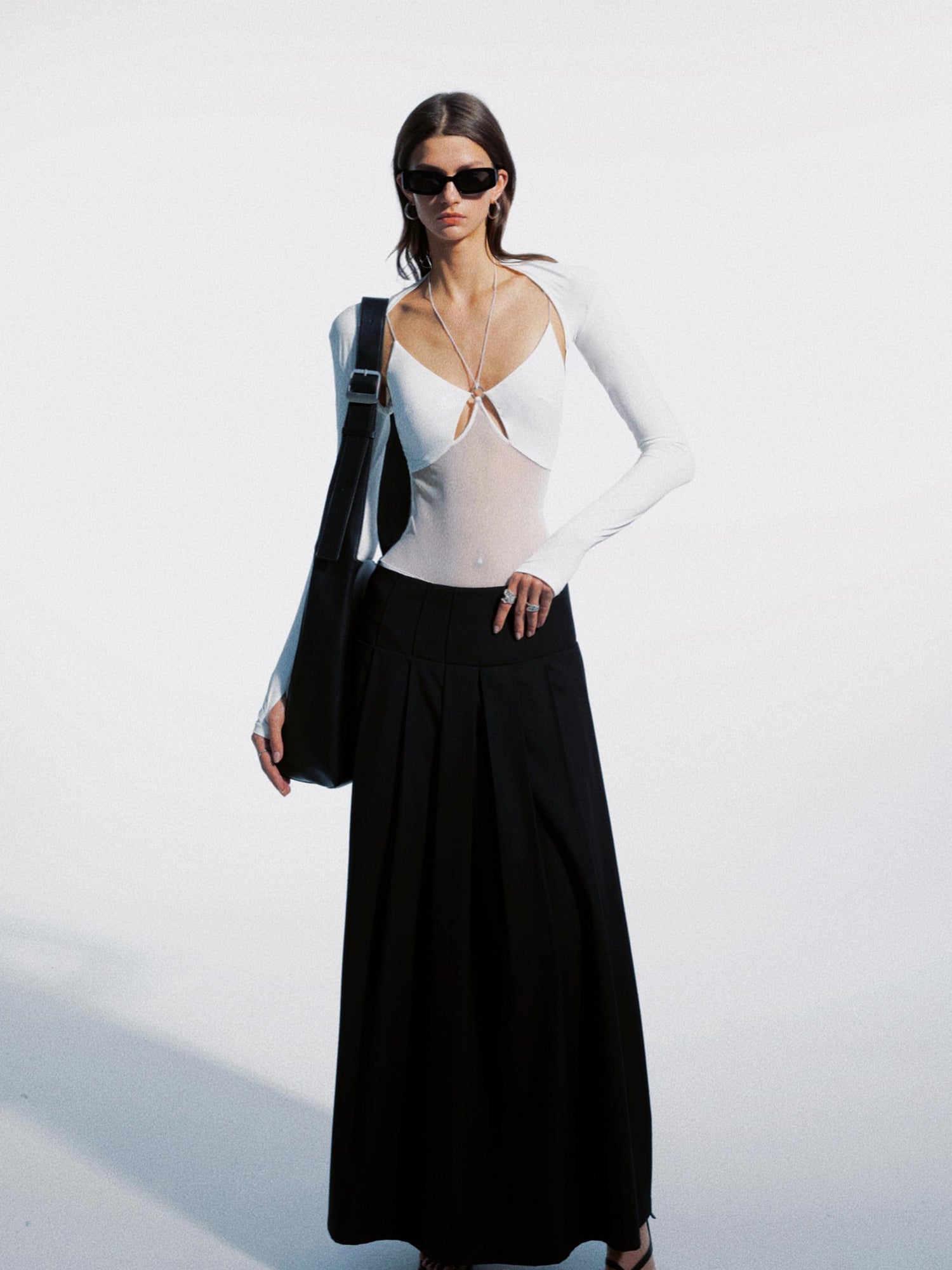 Metal Ring Cutout Halter Bodysuit With Fingerless Sleeves