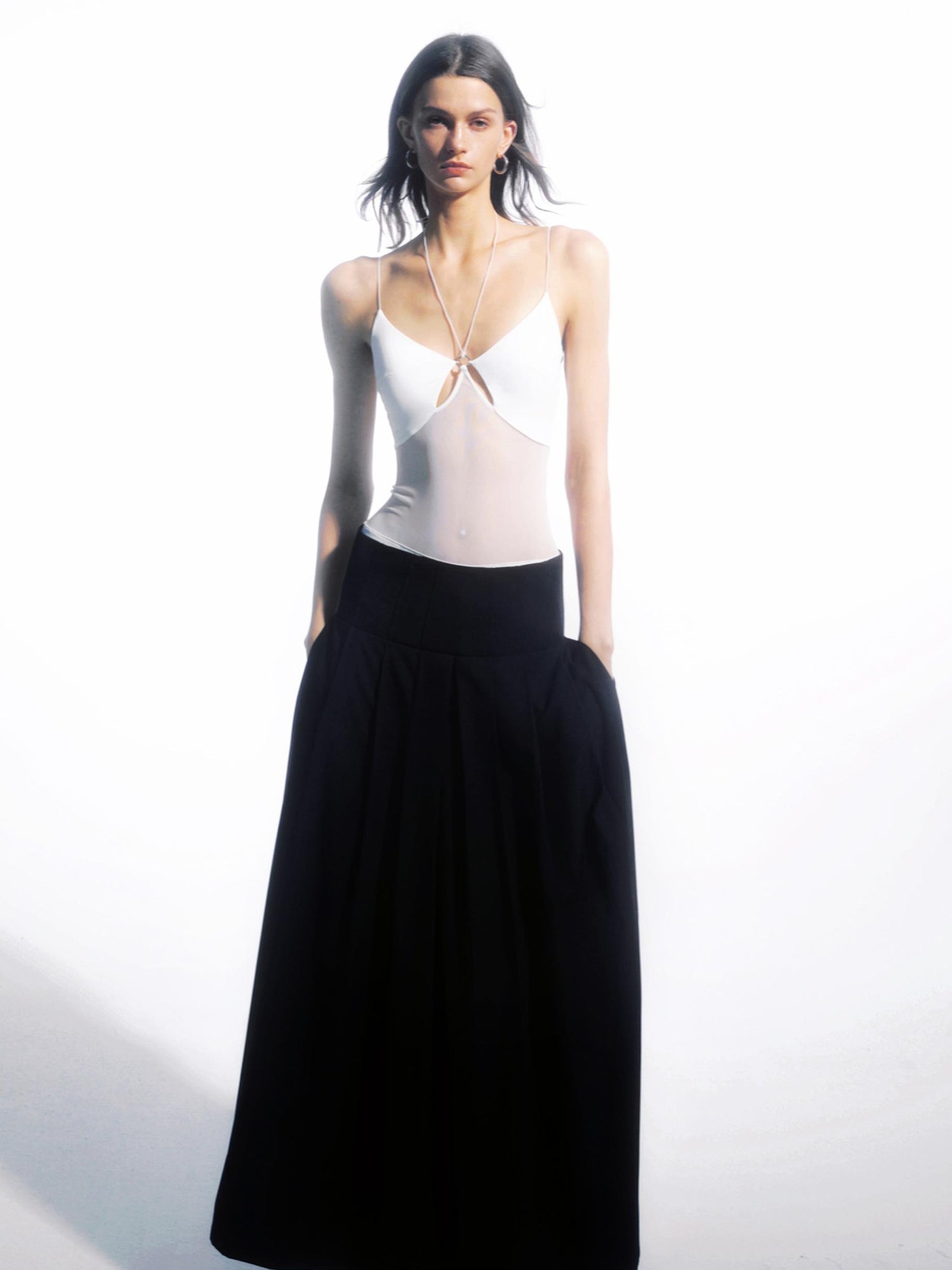 Metal Ring Cutout Halter Bodysuit With Fingerless Sleeves