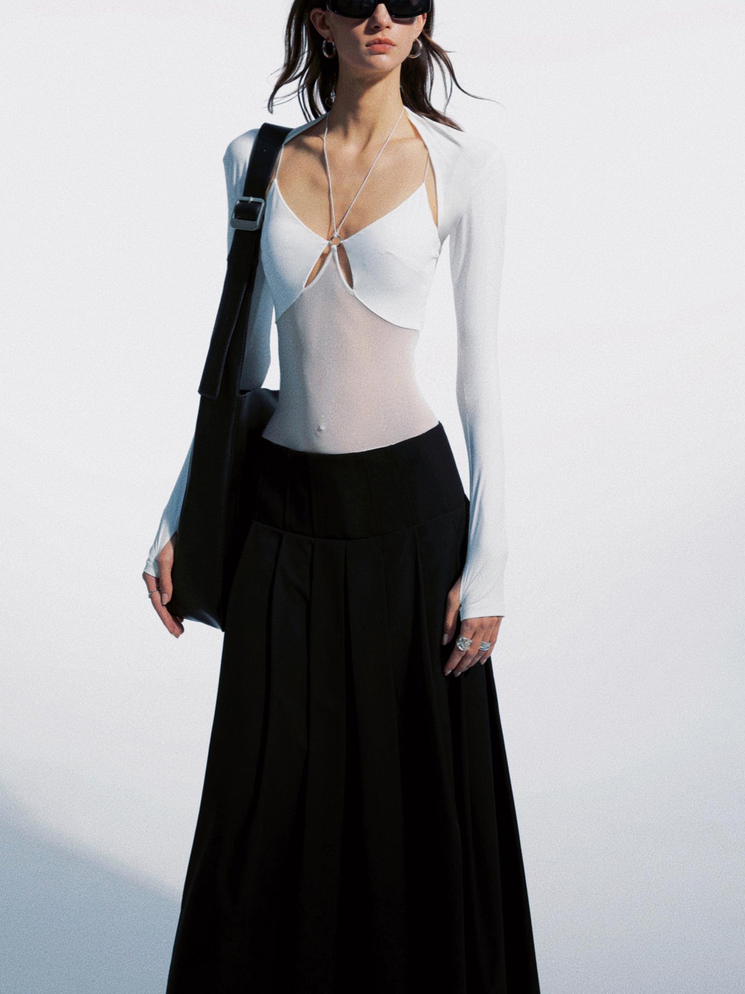 Metal Ring Cutout Halter Bodysuit With Fingerless Sleeves