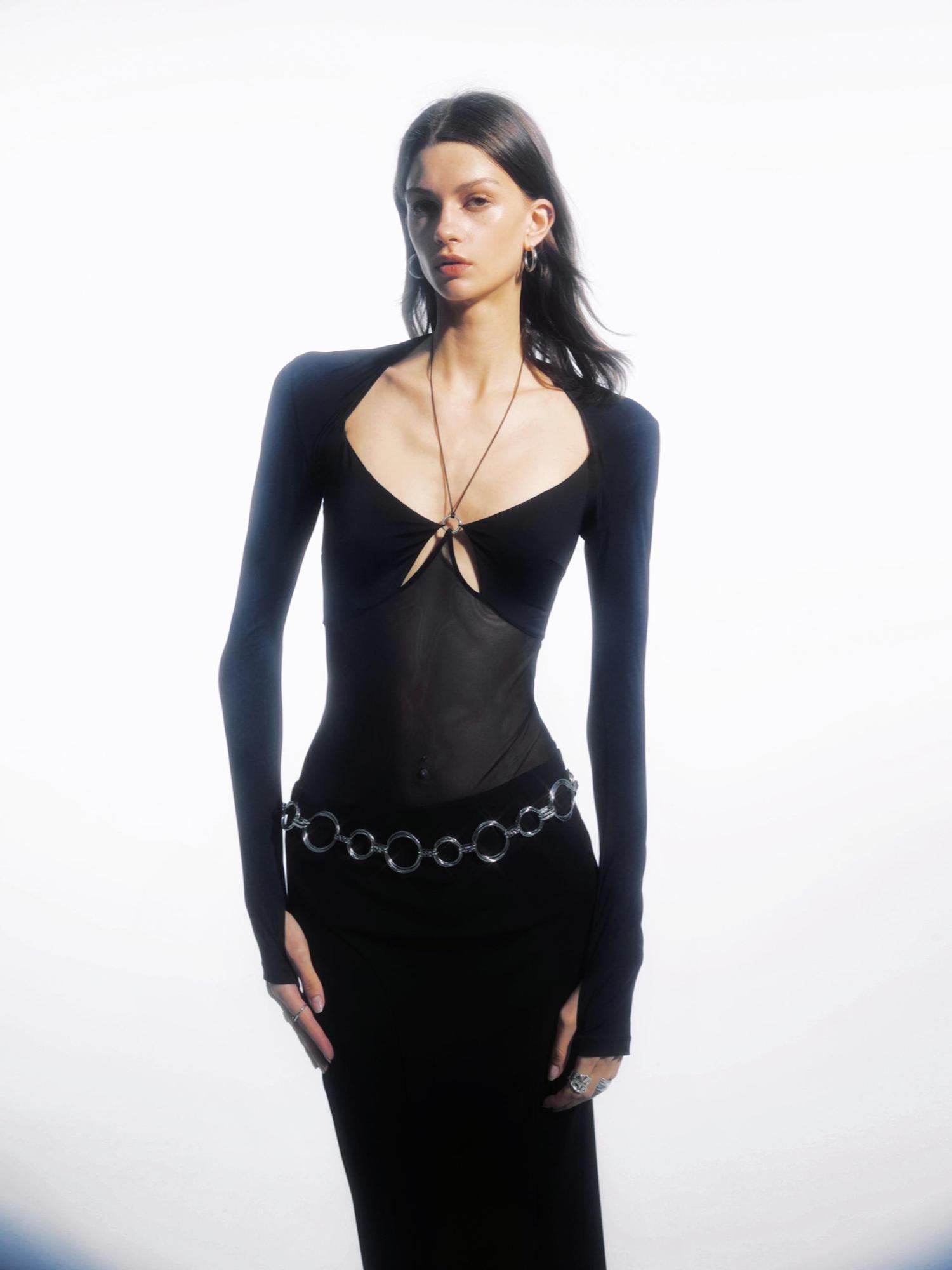 commonce net Metal Ring Cutout Halter Bodysuit With Fingerless Sleeves