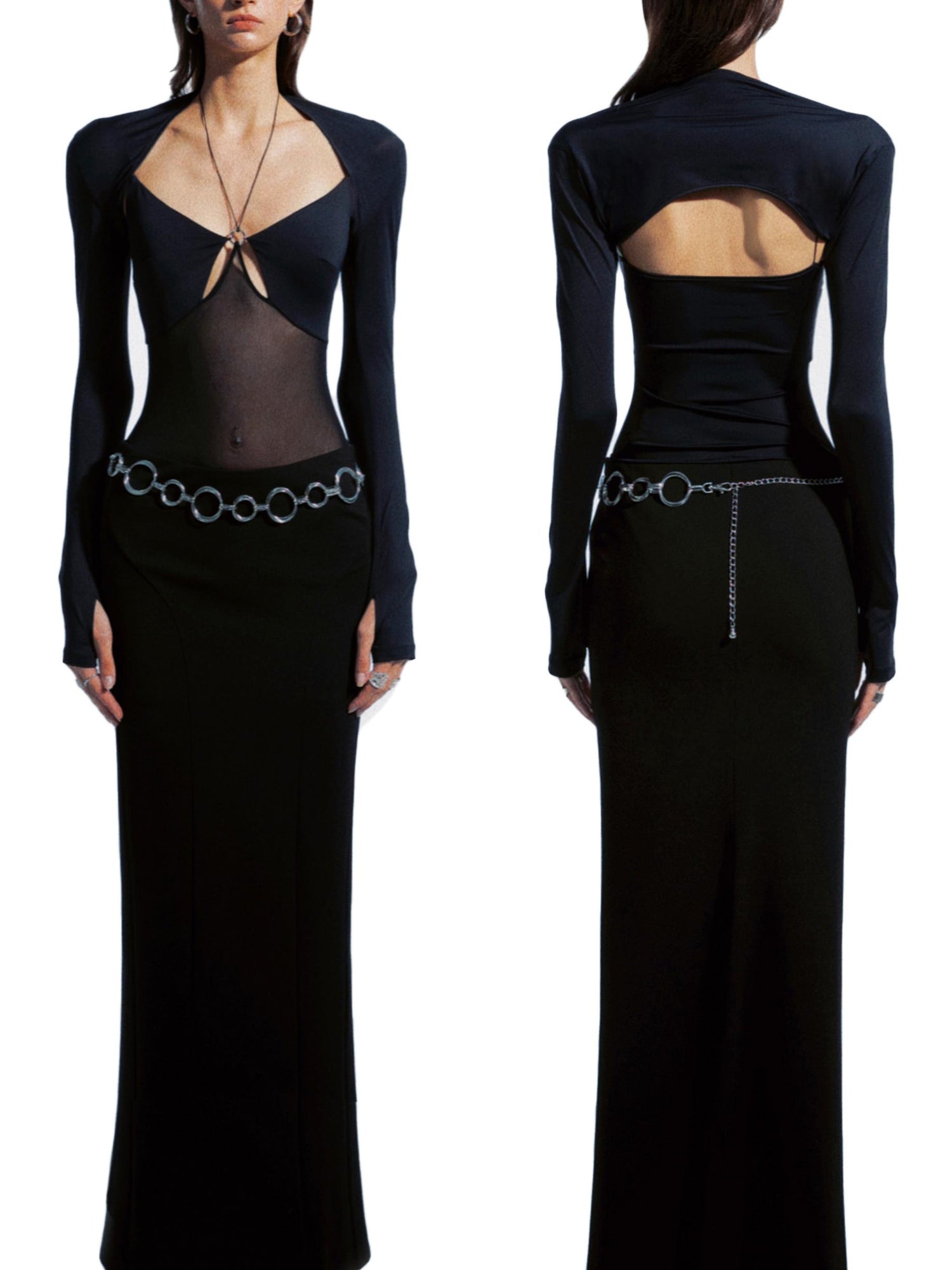 Metal Ring Cutout Halter Bodysuit With Fingerless Sleeves