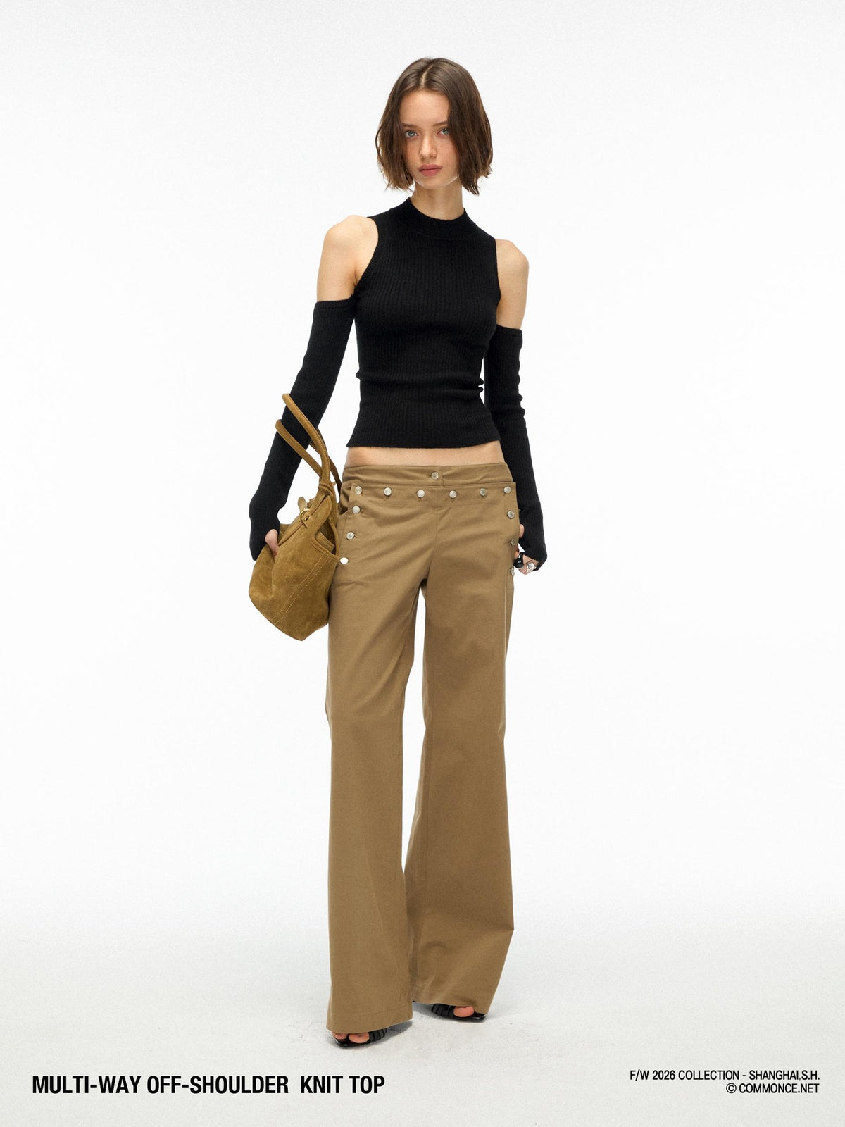 commonce net Off Shoulder Slim Fit Knit Wool Blend Women&