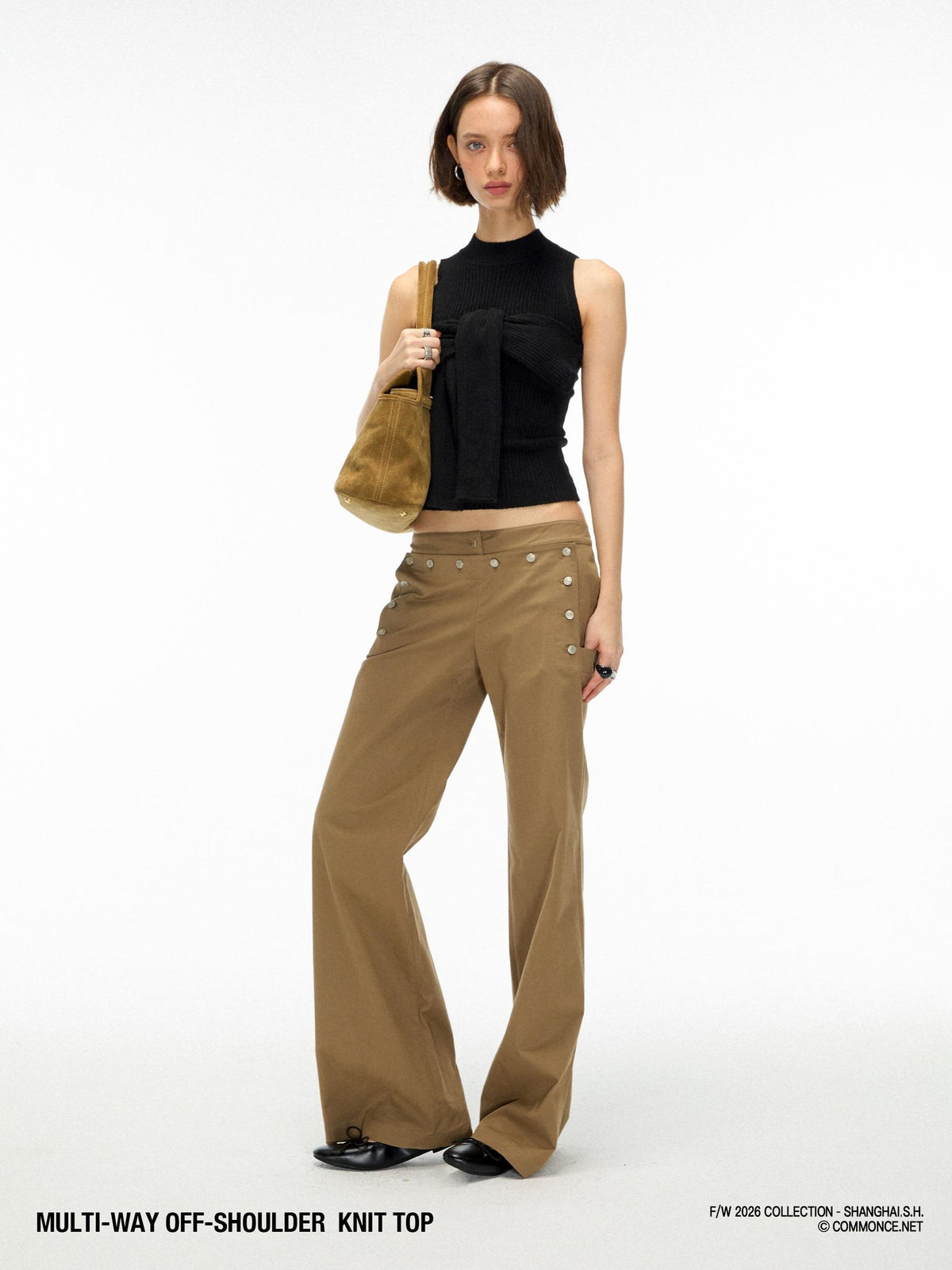 commonce net Off Shoulder Slim Fit Knit Wool Blend Women&
