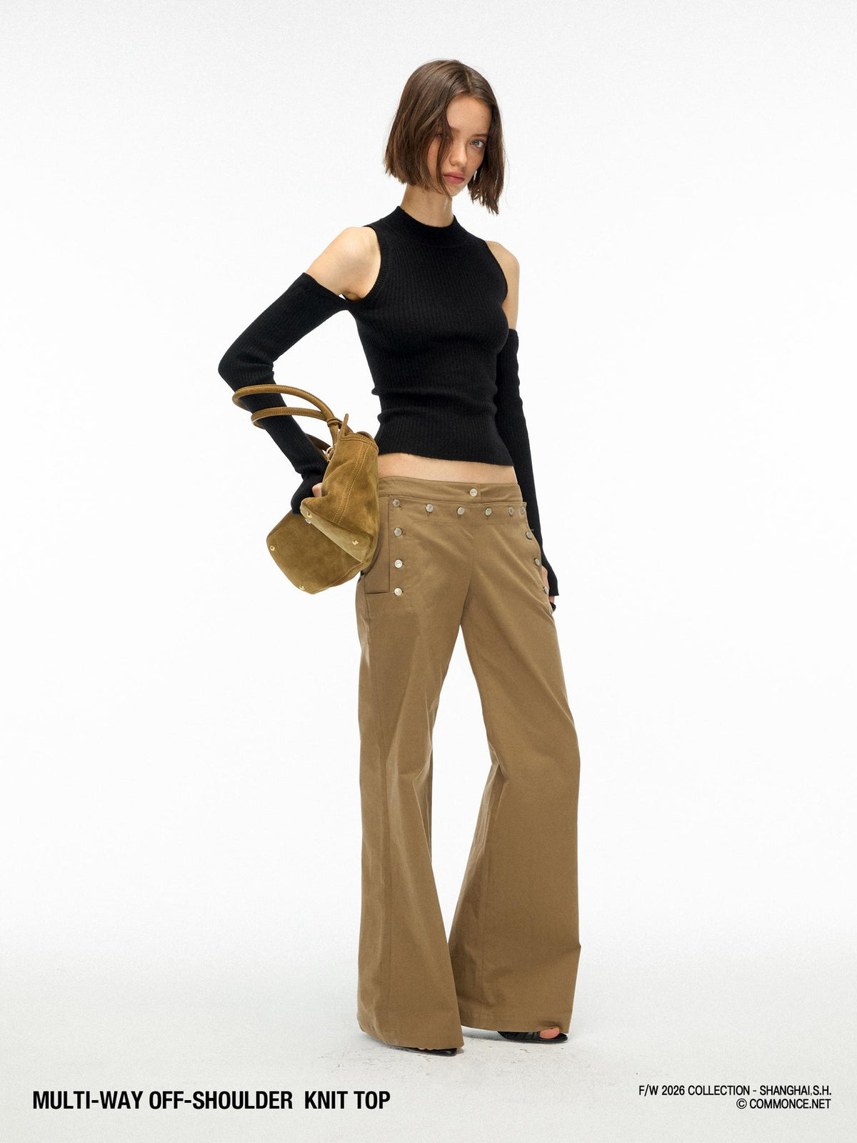commonce net Off Shoulder Slim Fit Knit Wool Blend Women&