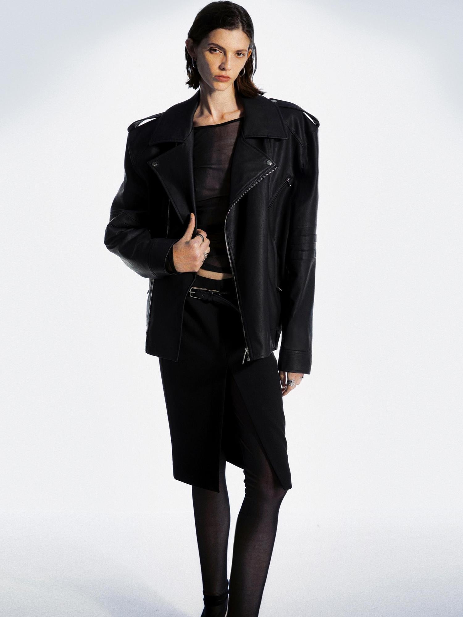 commonce net Oversized Padded Pu Leather Biker Jacket