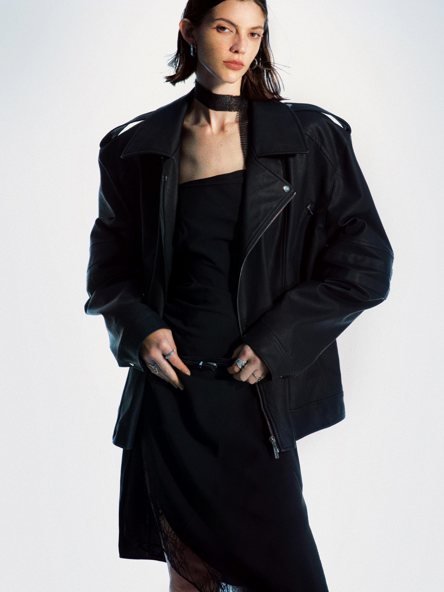 commonce net Oversized Padded Pu Leather Biker Jacket