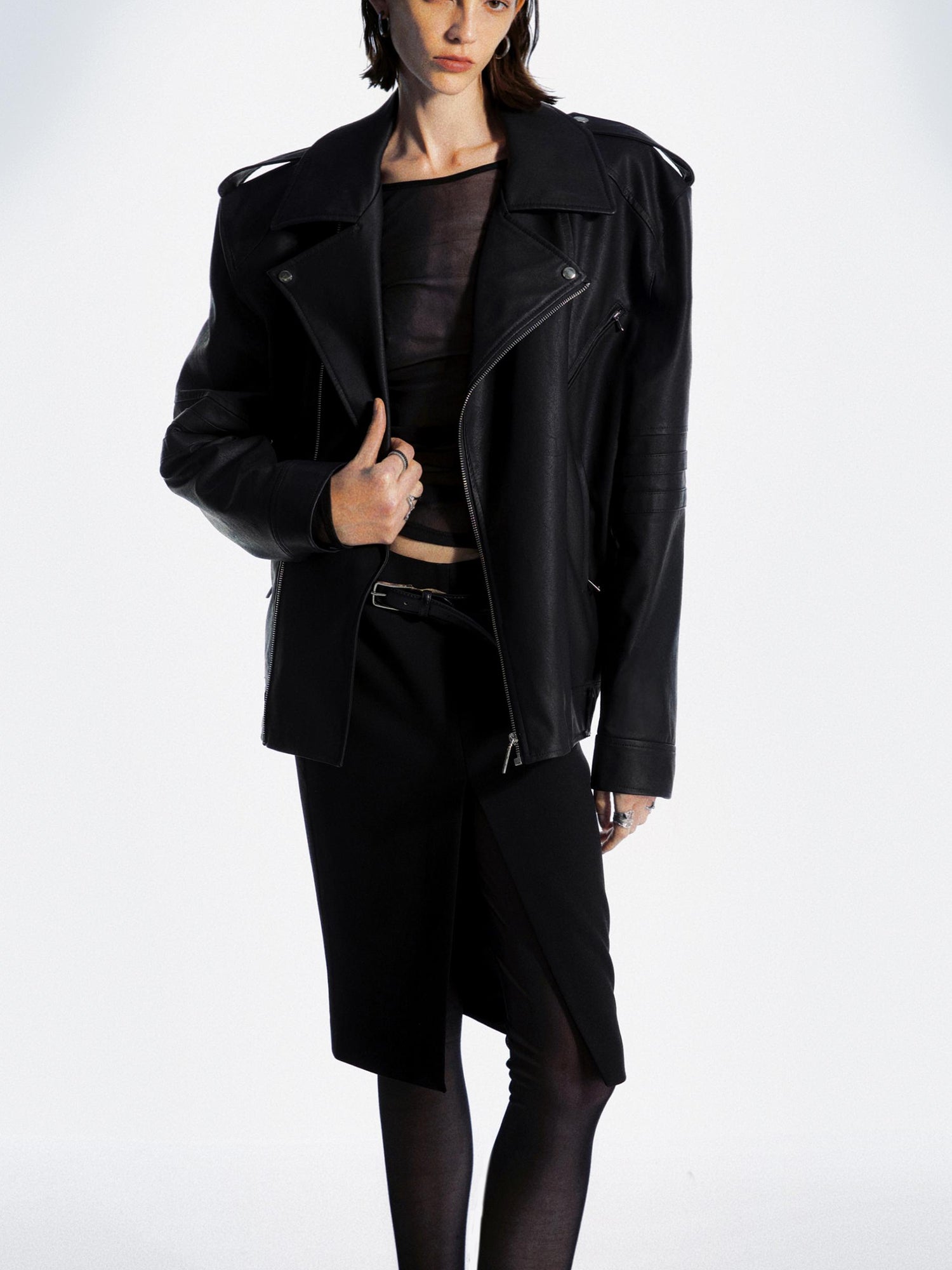 commonce net Oversized Padded Pu Leather Biker Jacket