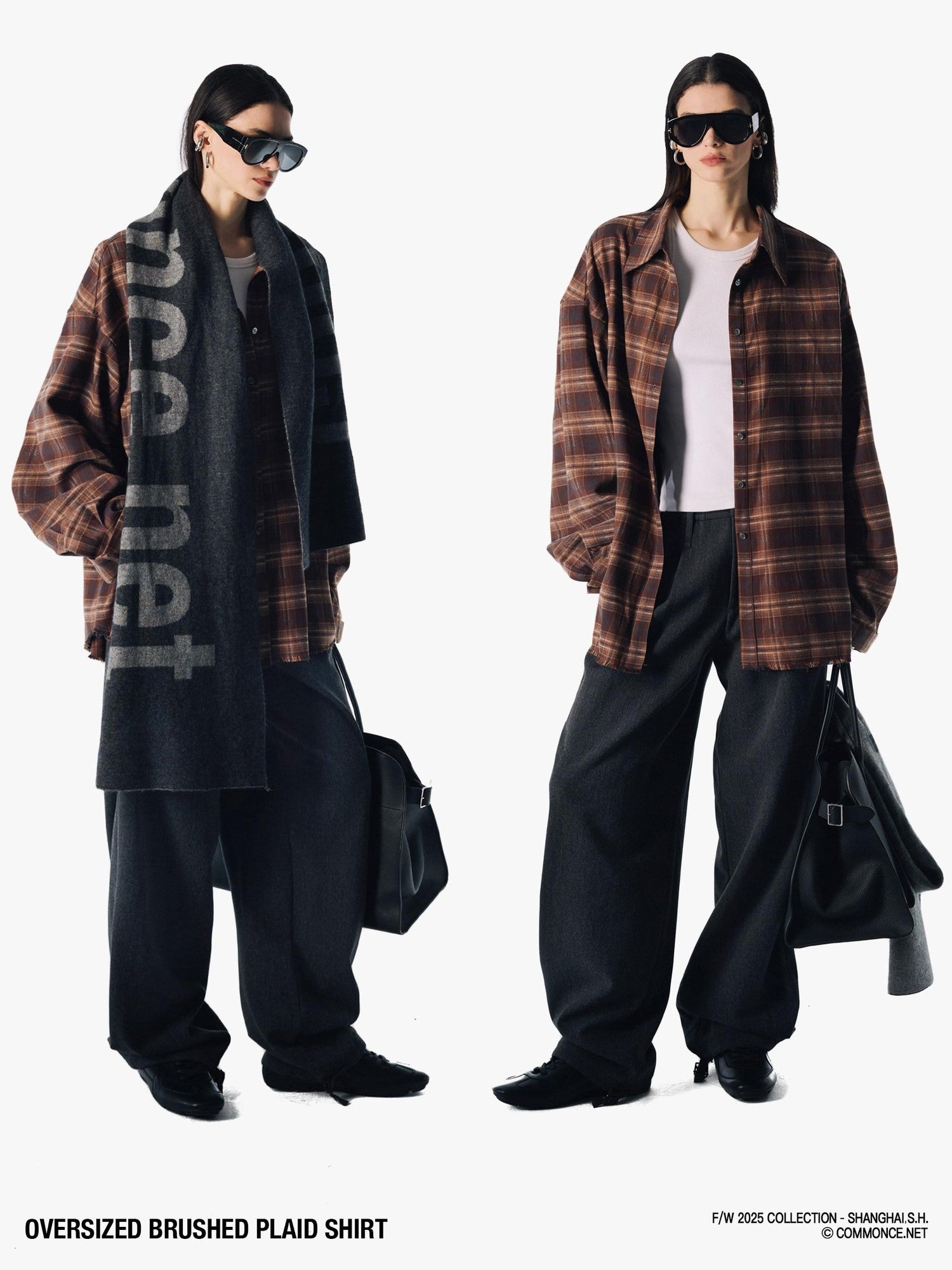 commonce net Plaid Brushed Boxy Frayed Mid Length Long Sleeve Women&