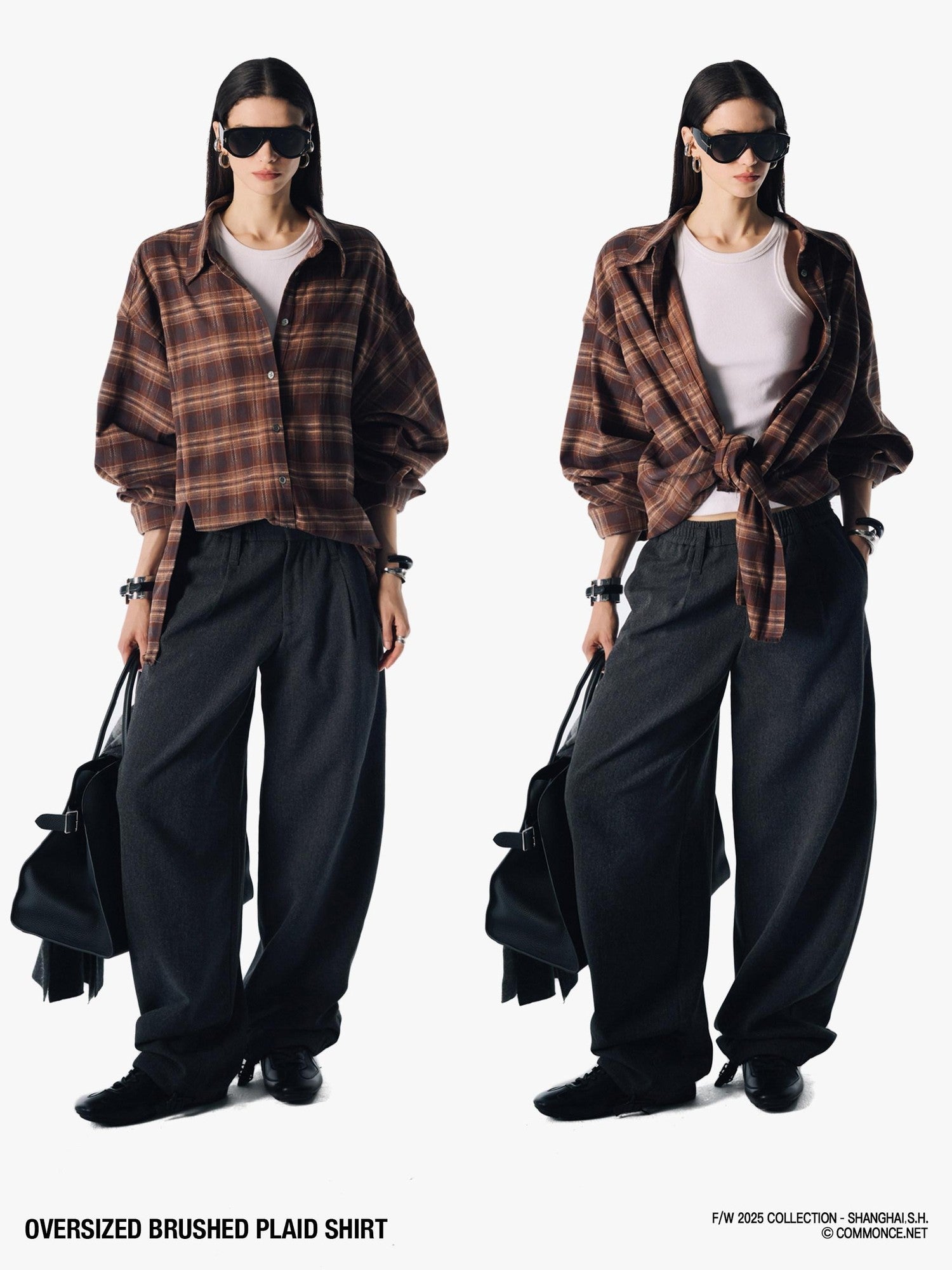 commonce net Plaid Brushed Boxy Frayed Mid Length Long Sleeve Women&