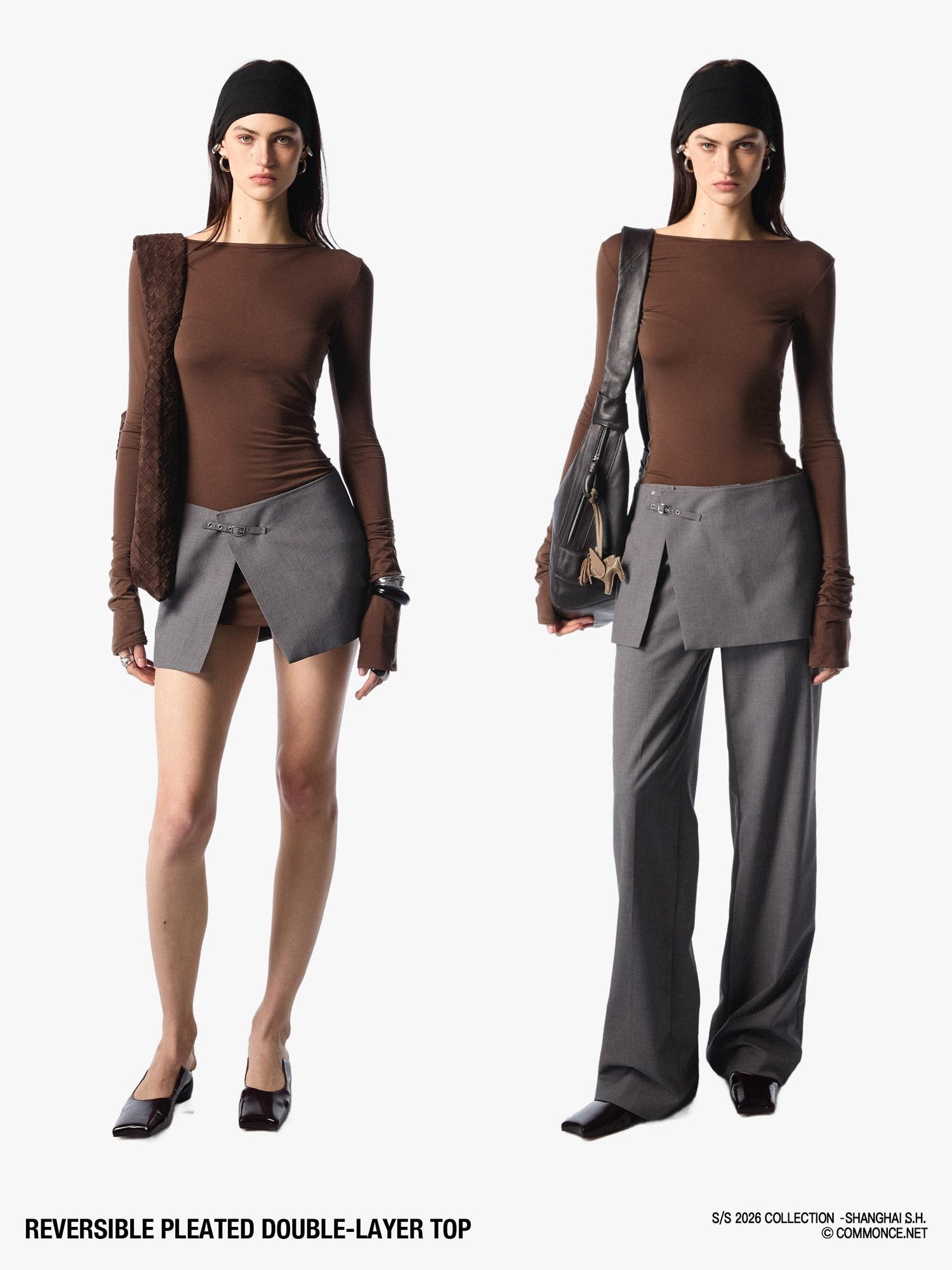 commonce net Pleated Cutout Faux Two Piece Slim Fit Women&