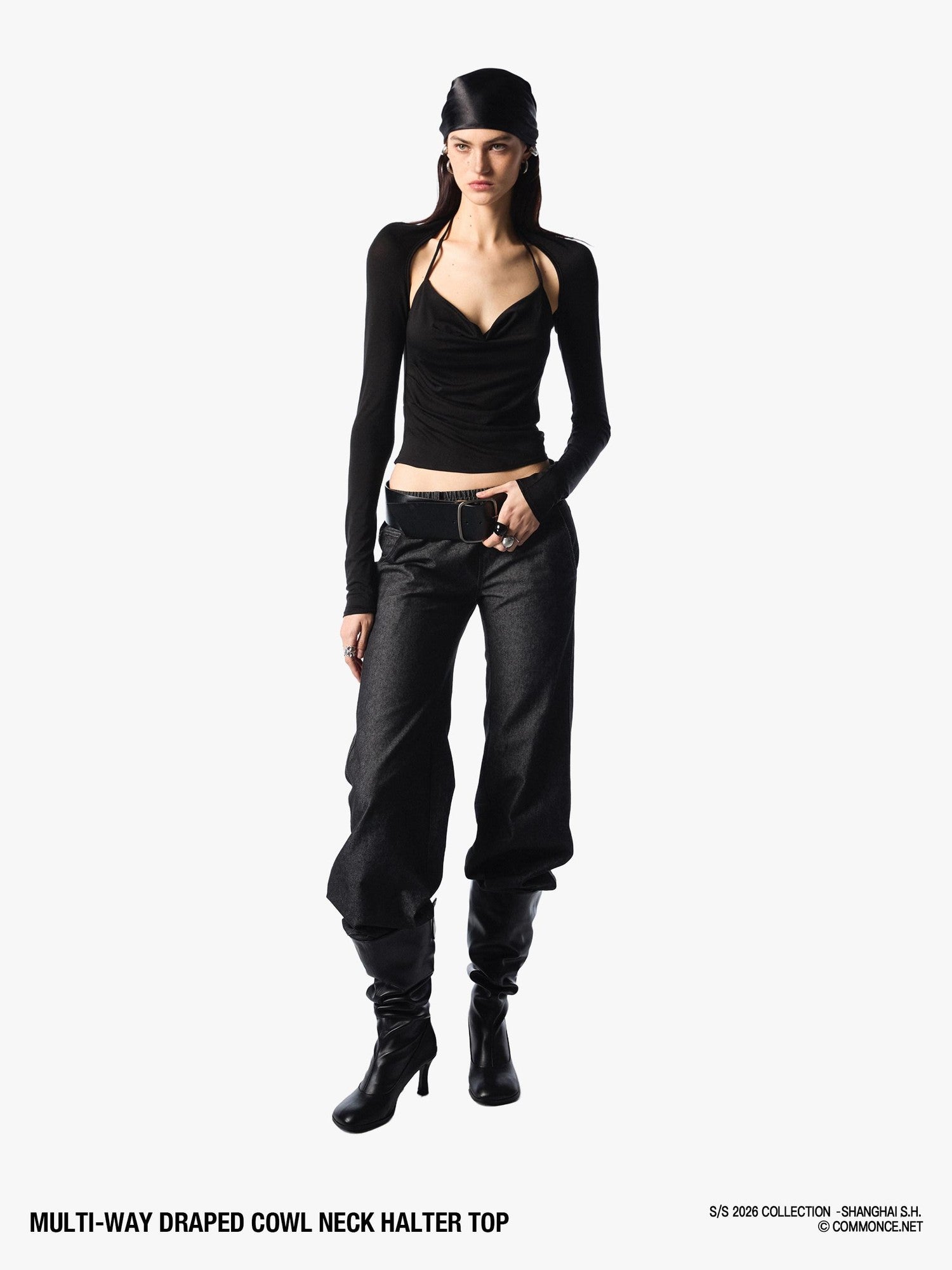 commonce net Pleated Ruched Tie Halter Lapel Convertible Cropped Women&