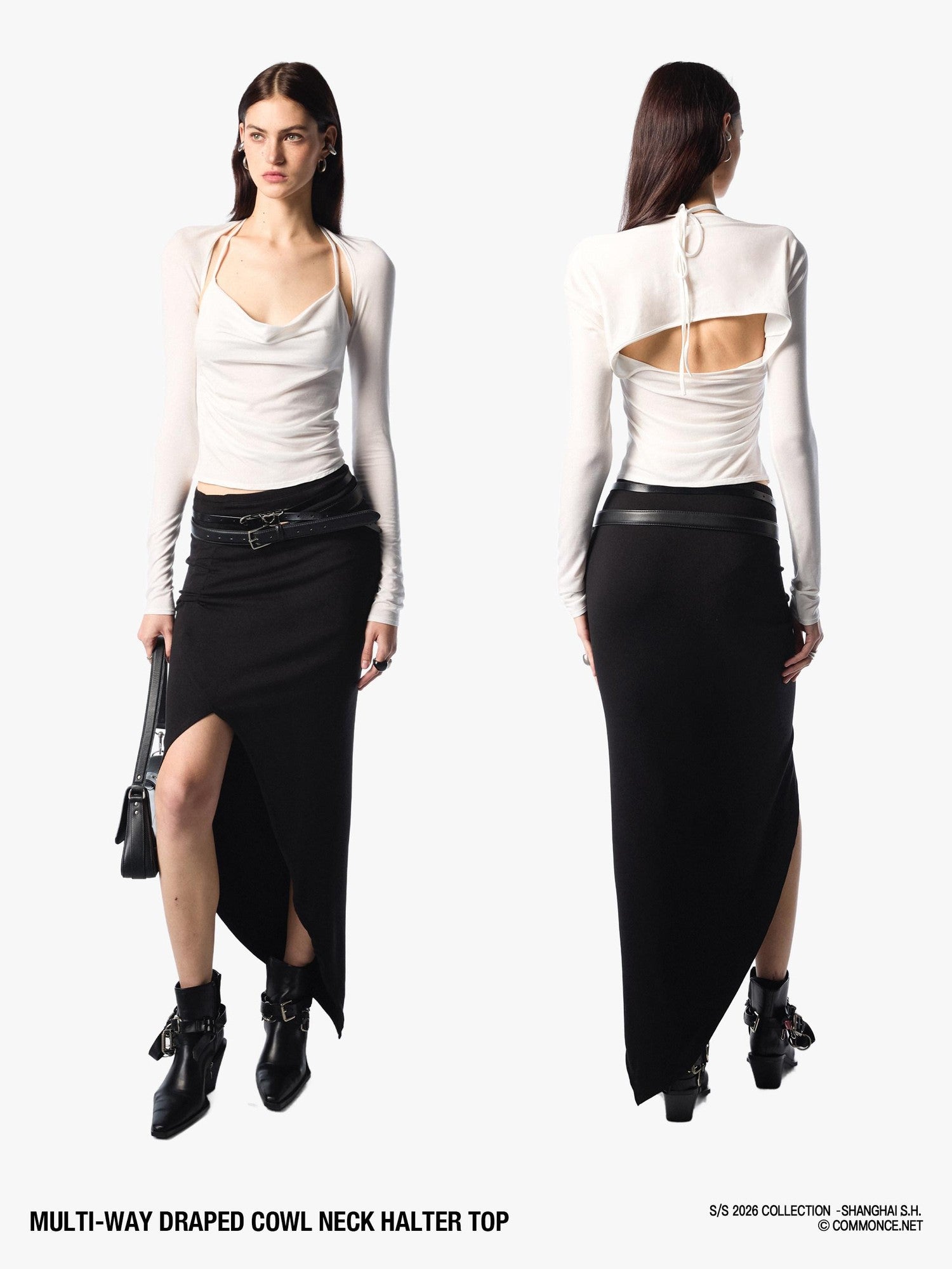 commonce net Pleated Ruched Tie Halter Lapel Convertible Cropped Women&