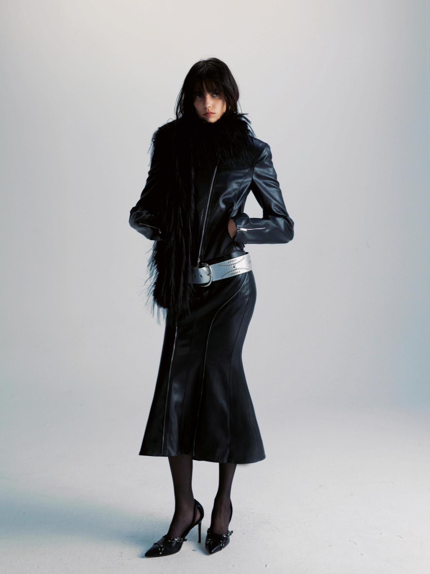 commonce net Pu Leather Mermaid Skirt With Zip Trim And Split Hem