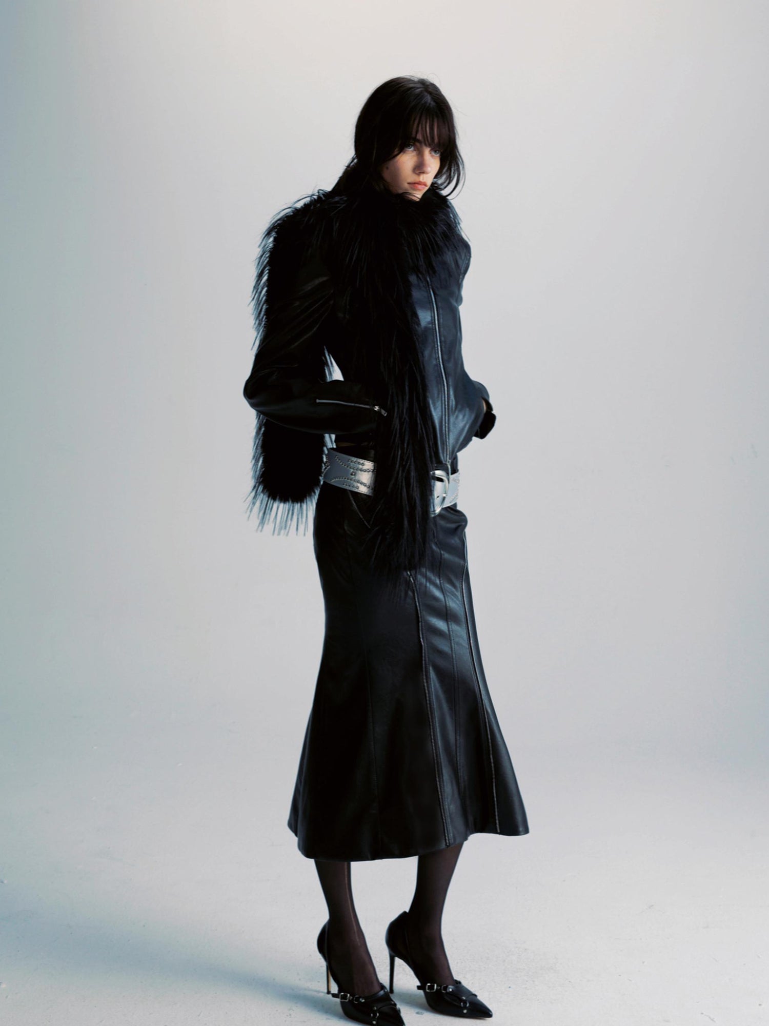 commonce net Pu Leather Mermaid Skirt With Zip Trim And Split Hem