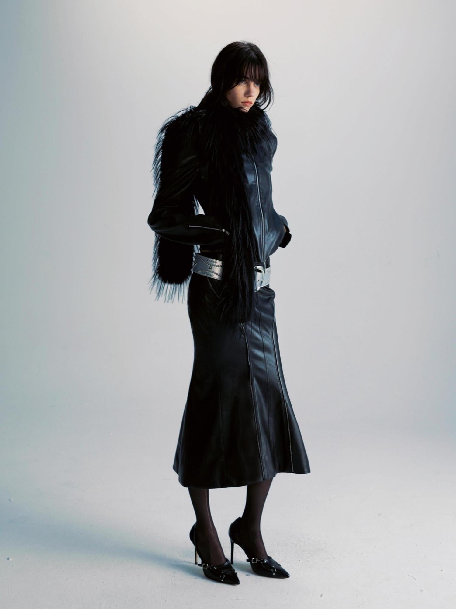 commonce net Pu Leather Mermaid Skirt With Zip Trim And Split Hem